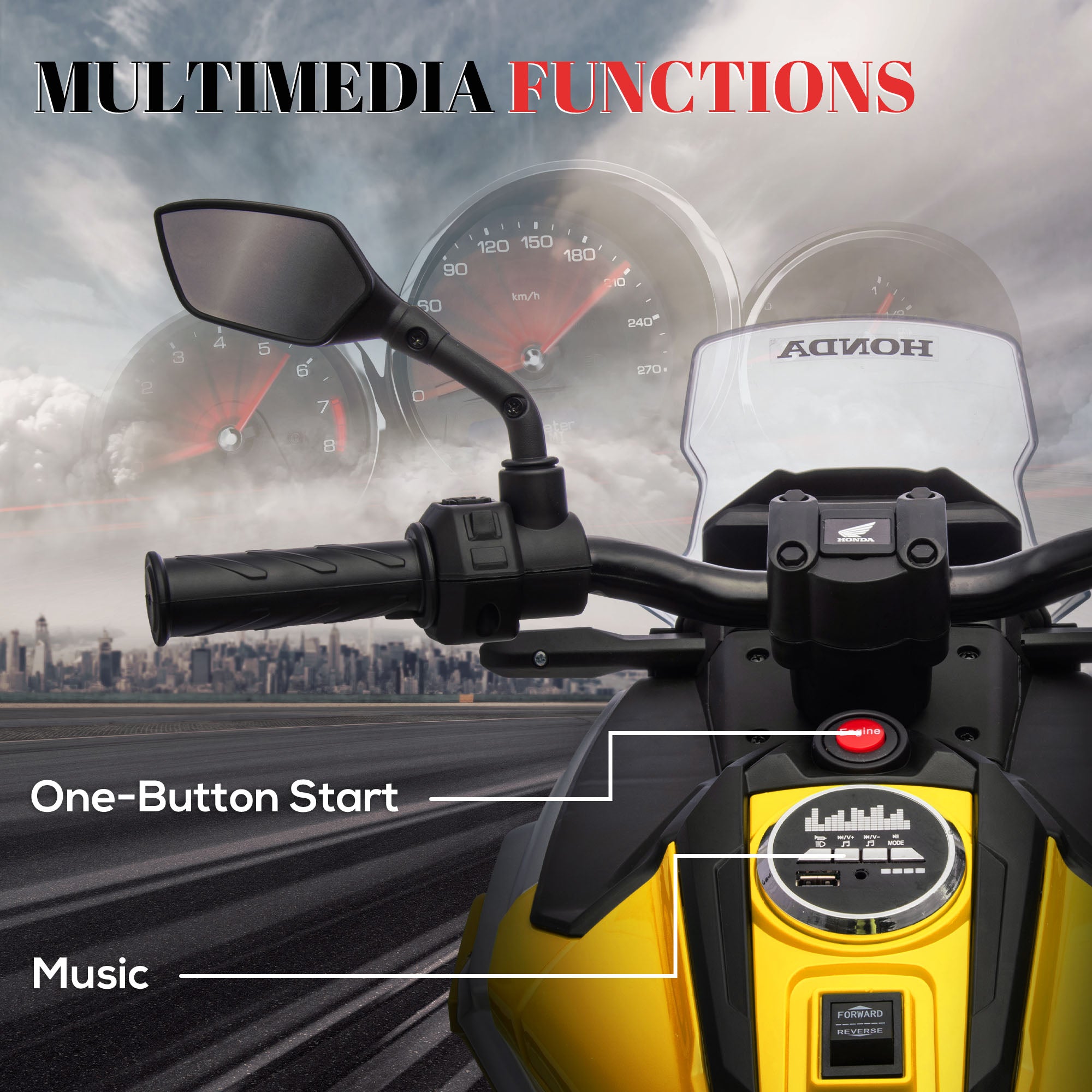 AIYAPLAY 12V Honda Licensed Kids Electric Motorbike w/ Music, Headlights, Early Education Function, for 3-6 Years - Yellow - anydaydirect