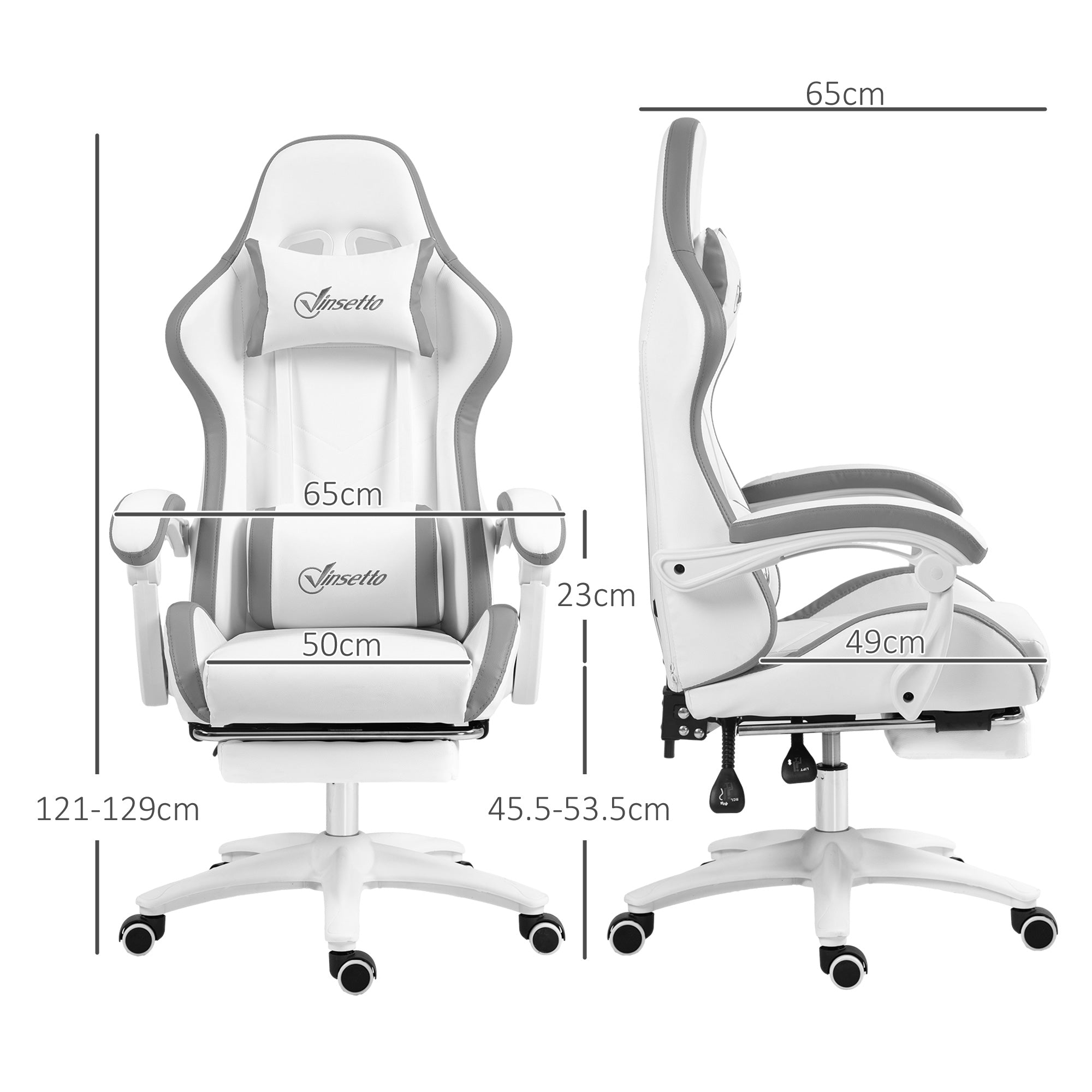 Vinsetto Computer Gaming Chair, PU Leather Desk Chair with Footrest, Swivel Task Chair with 135° Reclining Back and Lumbar Support, PC Chair for Adults, White and Grey - anydaydirect