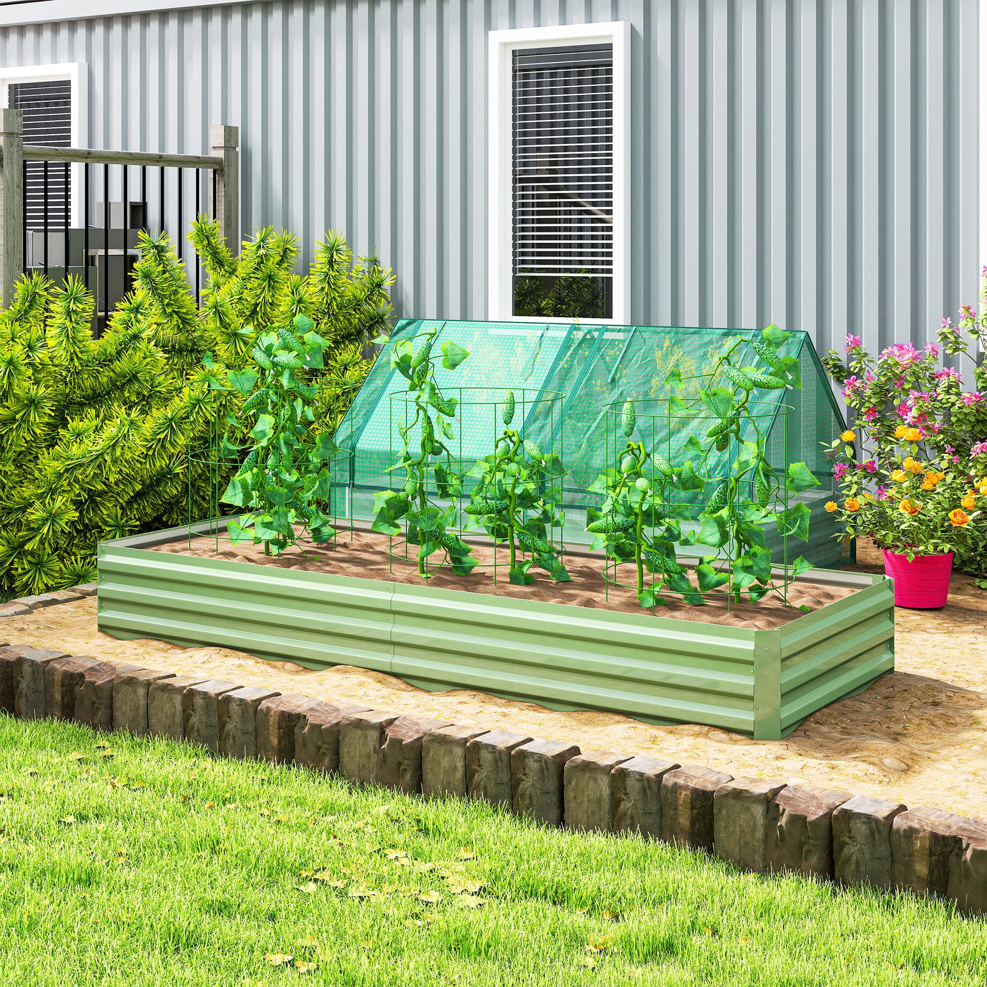 Outsunny Metal Raised Garden Bed Planter Box Outdoor Planters for Growing Flowers, Herbs, Green, Light Green - anydaydirect