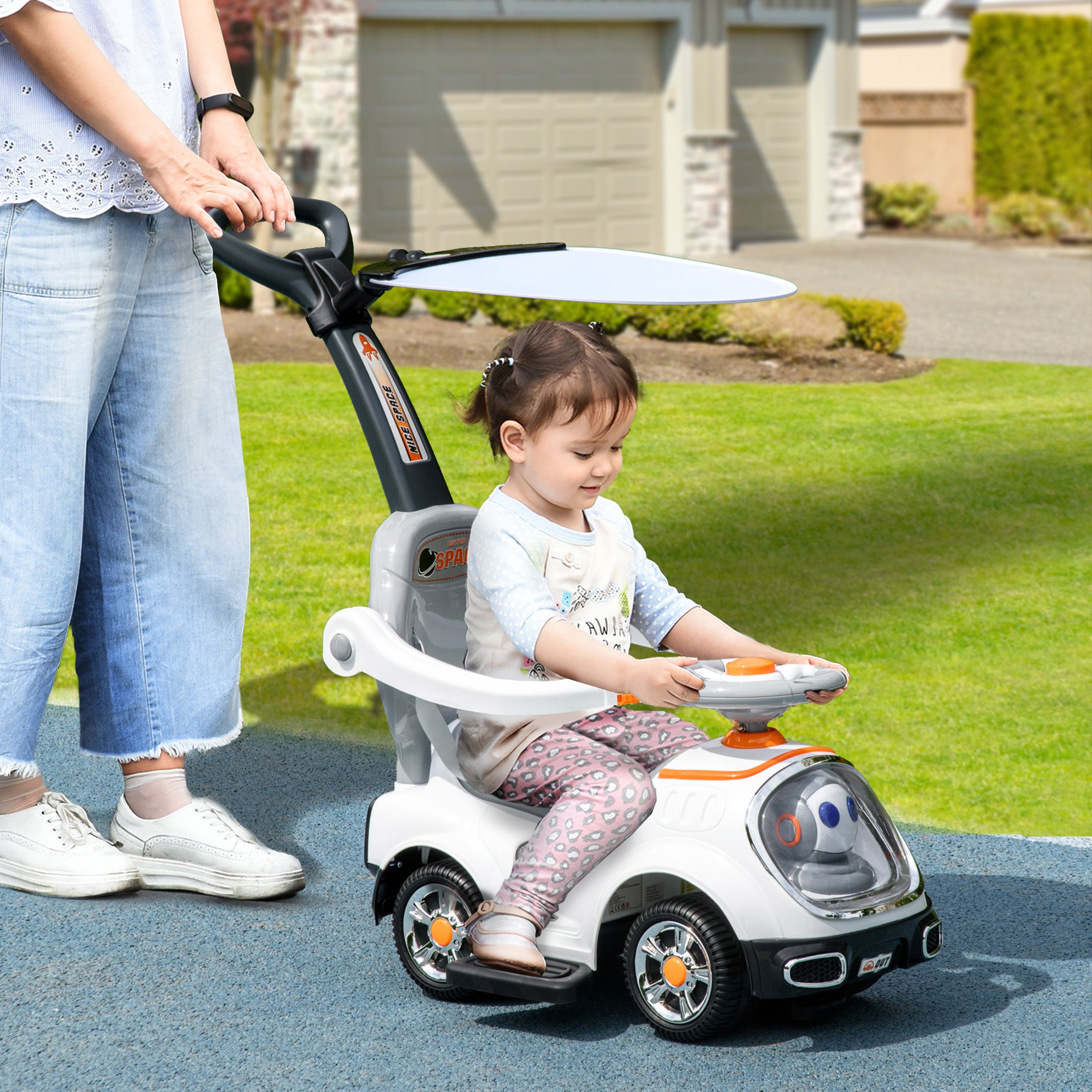 AIYAPLAY 3 in 1 Ride on Push Car, Cartoon Robot Theme Foot to Floor Slider w/ Handle Light Music Horn, Storage - White - anydaydirect