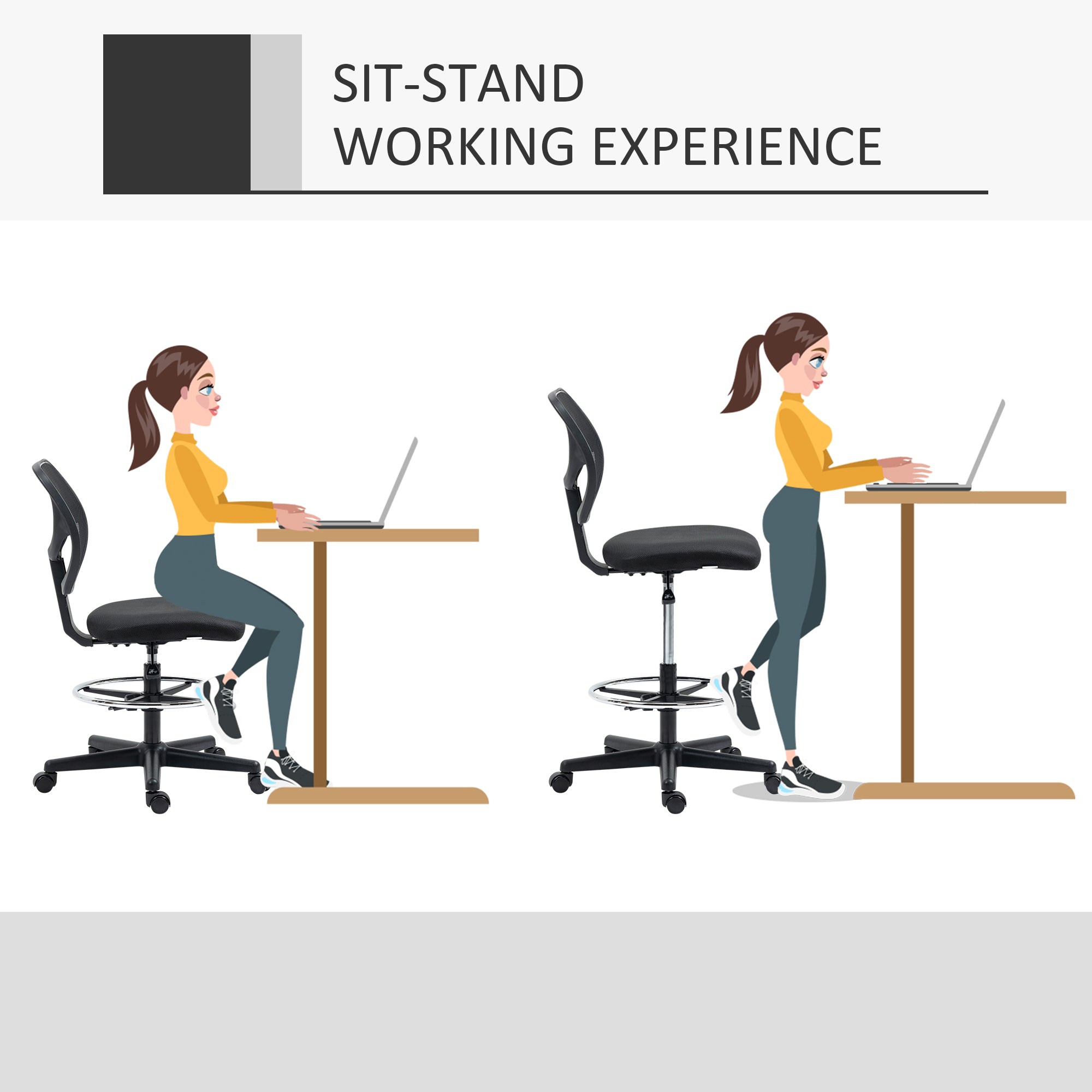 Vinsetto Ergonomic Mesh Standing Desk Chair with Adjustable Footrest Ring and Seat Height Black - anydaydirect