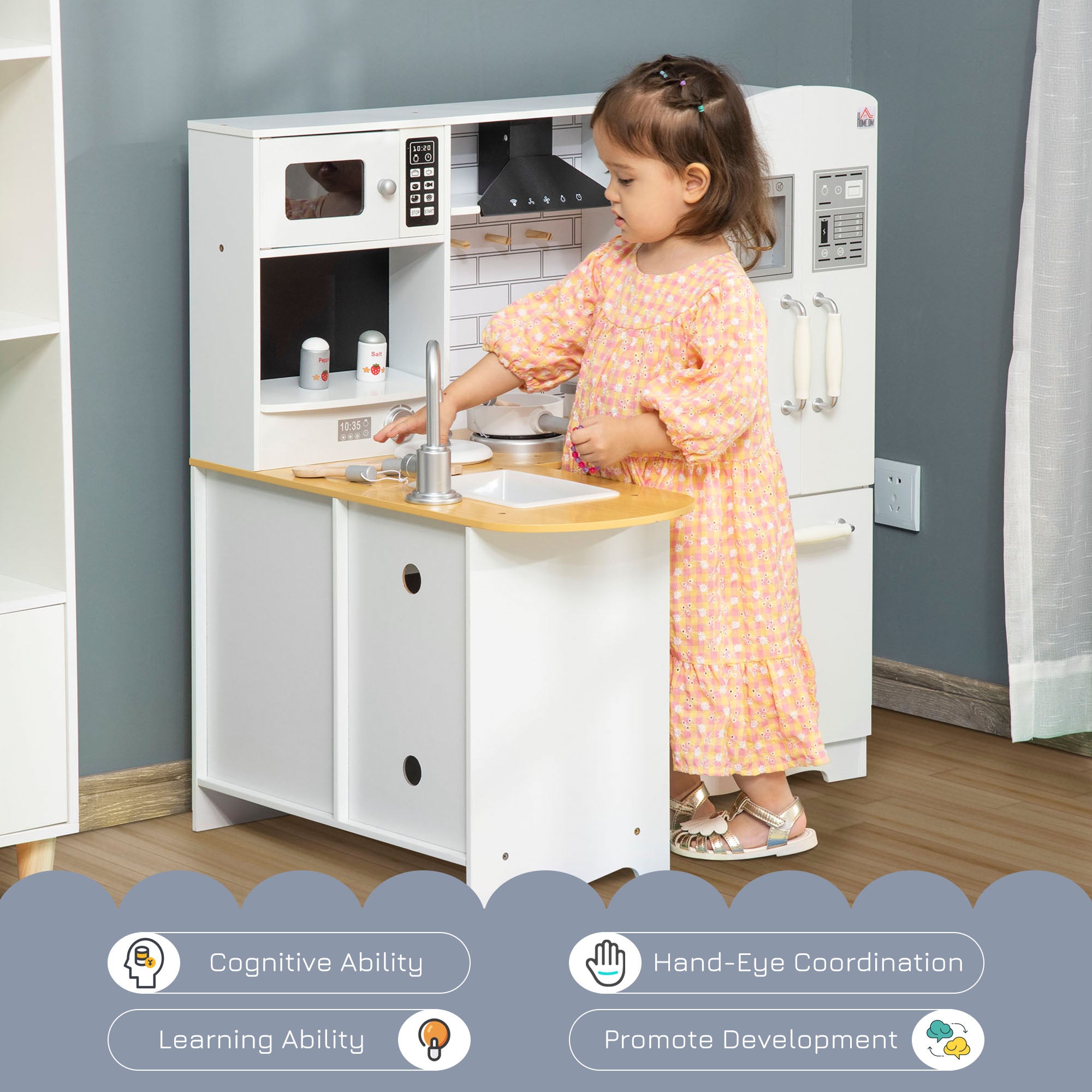 HOMCOM Kids Kitchen Playset, Large Pretend Role Play Kitchen, White - anydaydirect