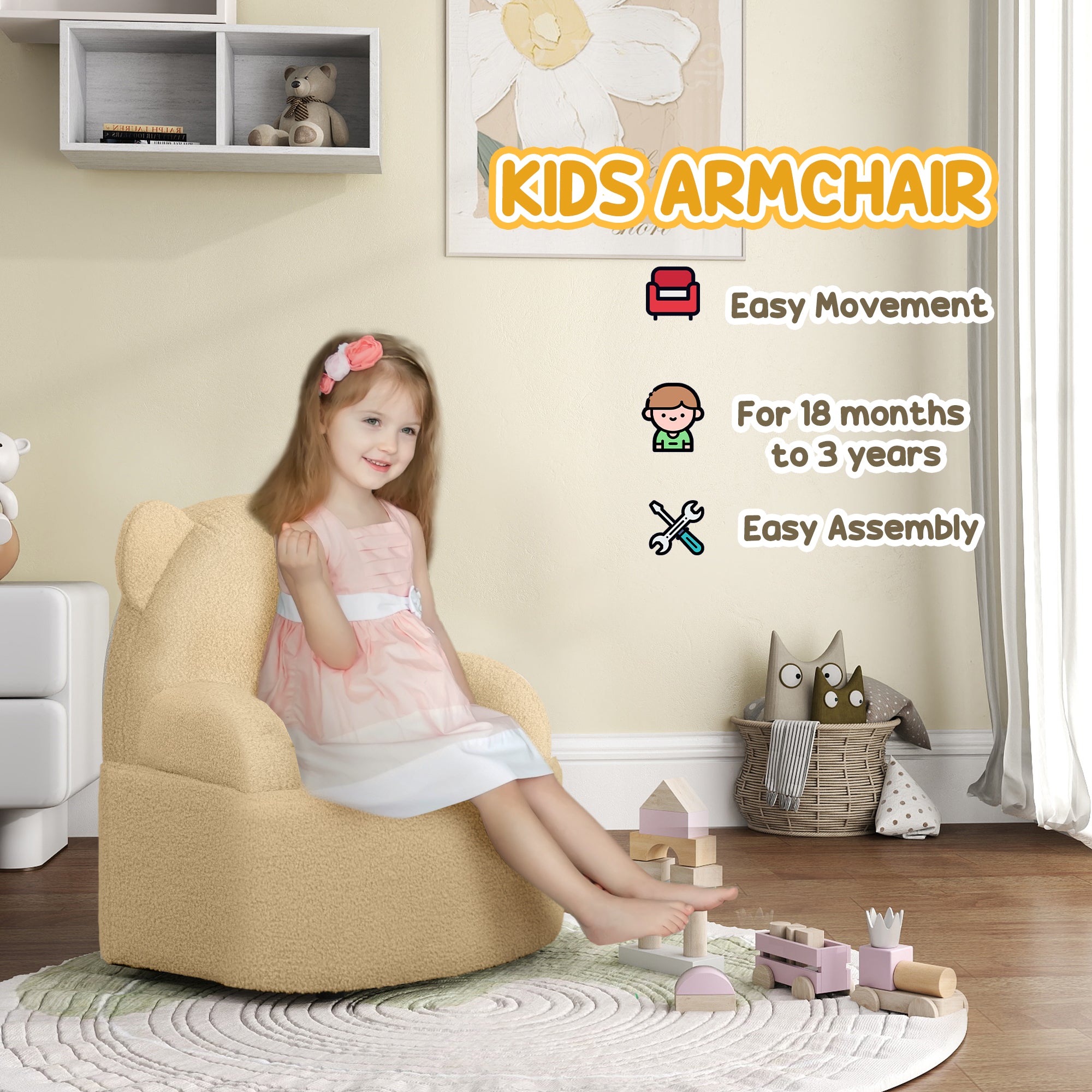 AIYAPLAY Kids Armchair, Bear Shaped Toddler Chair for Bedroom Playroom Living Room, Aged 18 Months to 3 Years - Khaki - anydaydirect