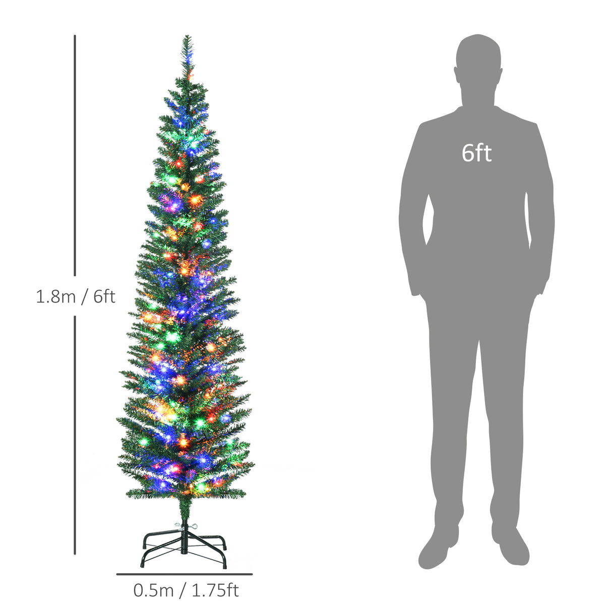HOMCOM 6' Artificial Prelit Christmas Trees Holiday Décor with Colourful LED Lights, Pencil Shape, Steel Base - anydaydirect