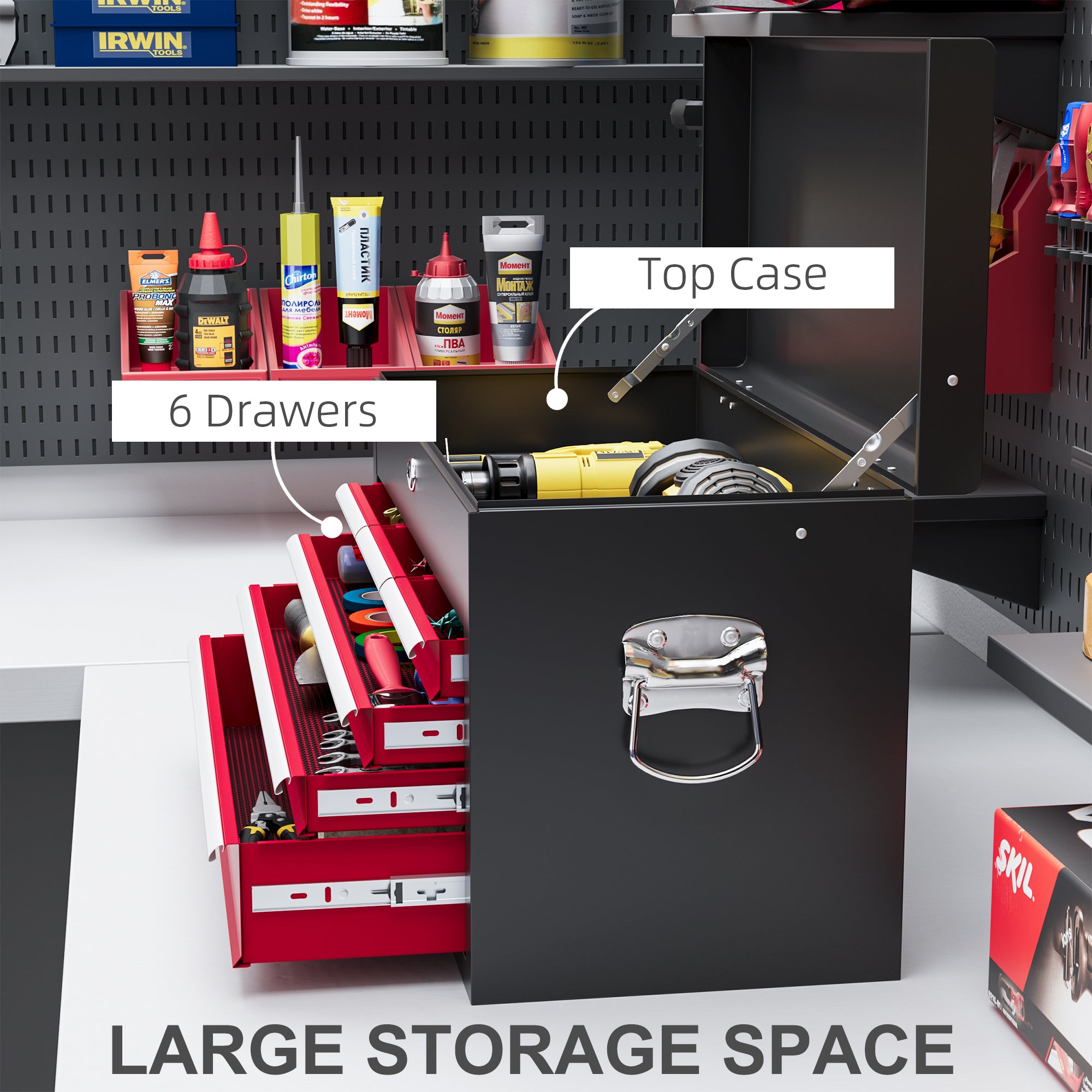 HOMCOM Steel Six Drawer Tool Storage Carry Chest, with Lock and Keys - Red - anydaydirect
