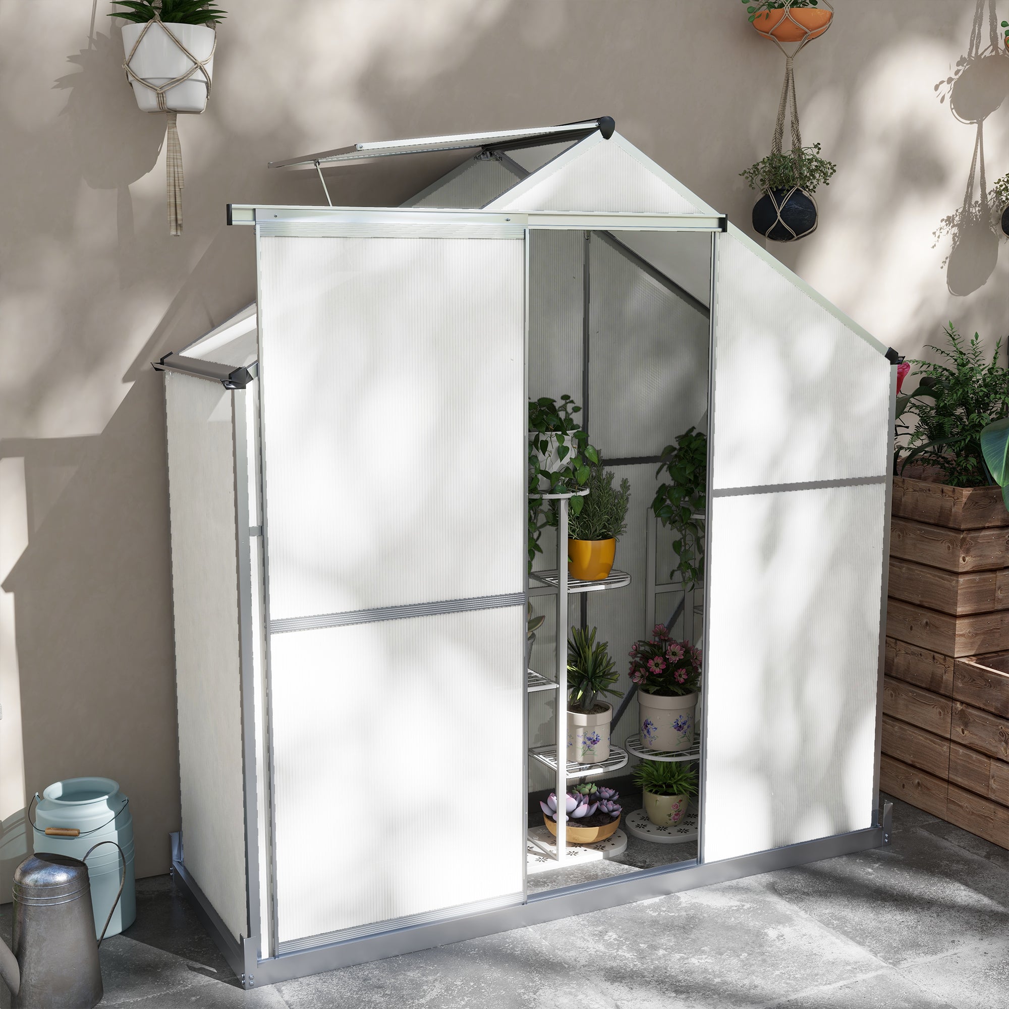 Outsunny 6 x 2.5ft Polycarbonate Greenhouse Walk-In Green House with Rain Gutter, Sliding Door, Window, Foundation, Silver - anydaydirect