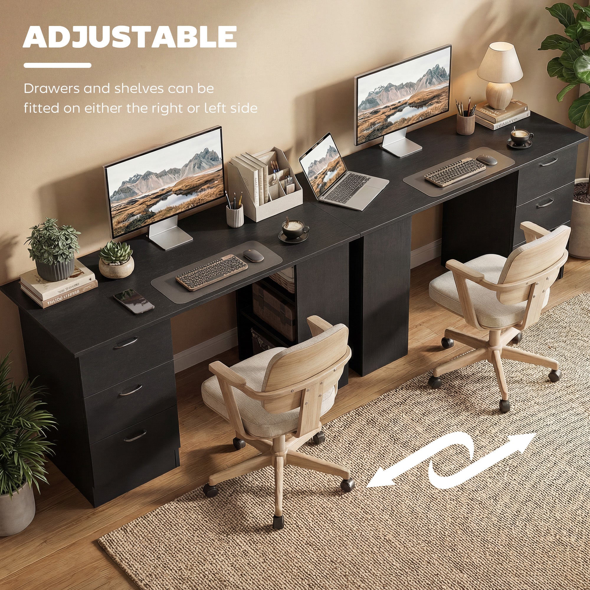 HOMCOM Computer Desk, Writing Table, PC Workstation with 3 Storage Shelves and Drawers, Handle, for Home Office, Black - anydaydirect