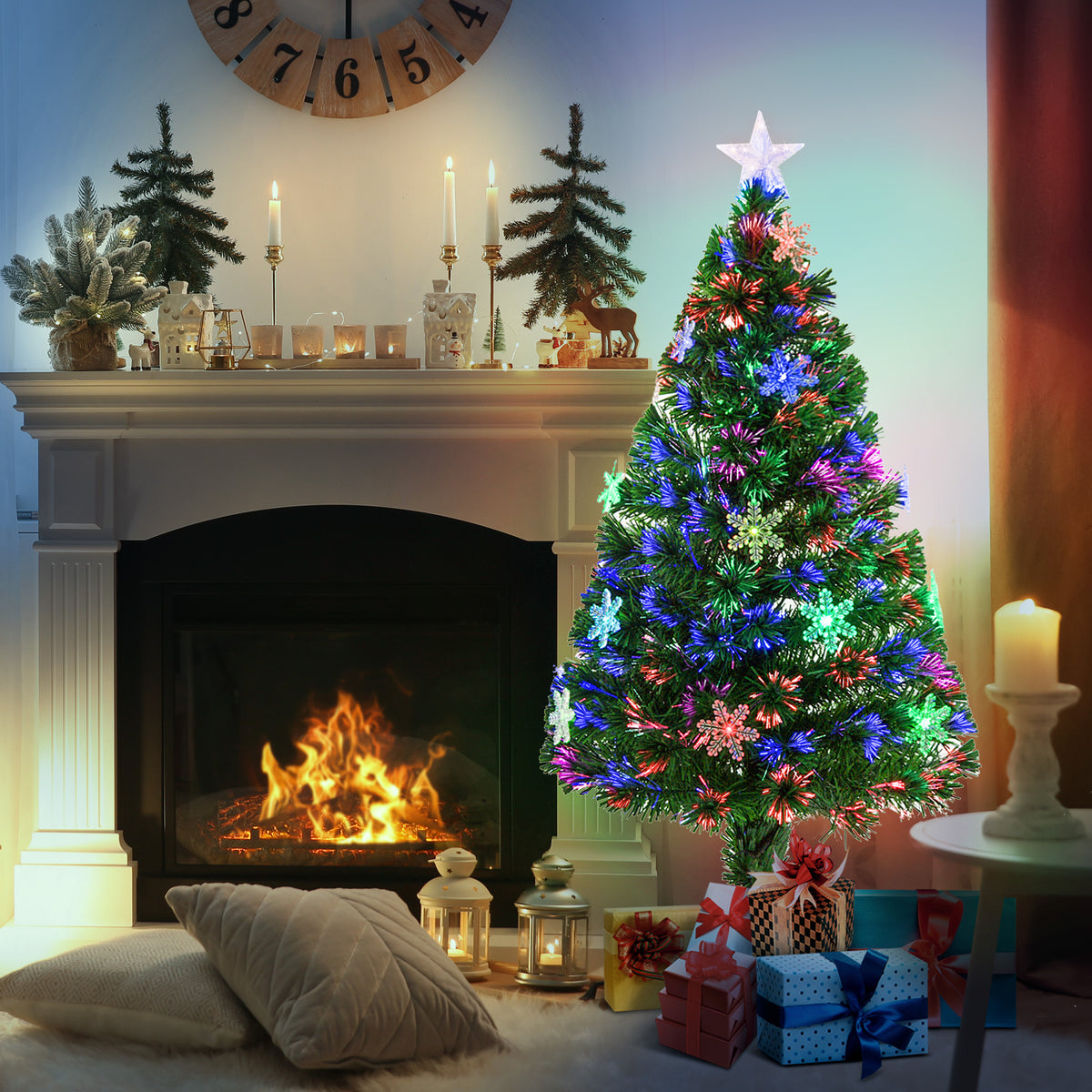 HOMCOM 4ft Prelit Christmas Tree Artificial Tree 120cm W/ Showflakes Lights, Green - anydaydirect