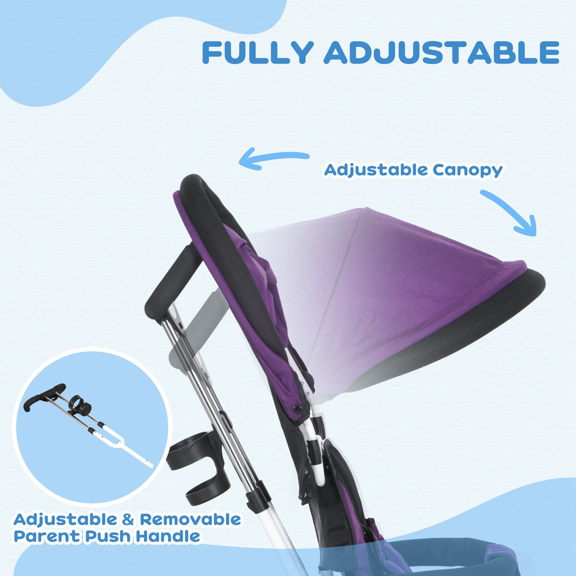 HOMCOM 4 in 1 Kids Trike Push Bike w/ Push Handle, Canopy, 5-point Safety Belt, Storage, Footrest, Brake, for 1-5 Years, Purple - anydaydirect