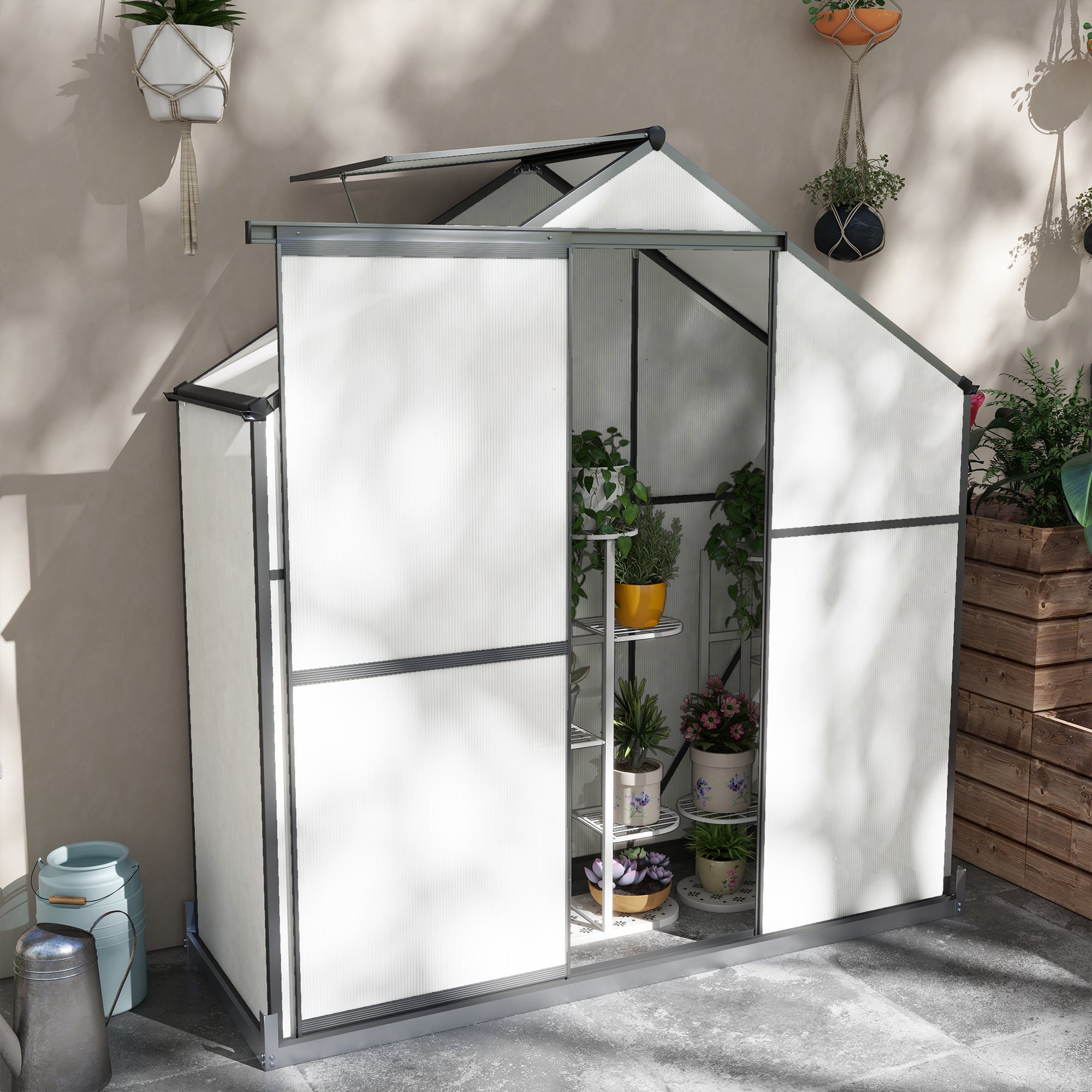Outsunny 6 x 2.5ft Polycarbonate Greenhouse Walk-In Green House with Rain Gutter, Sliding Door, Window, Foundation, Dark Grey - anydaydirect