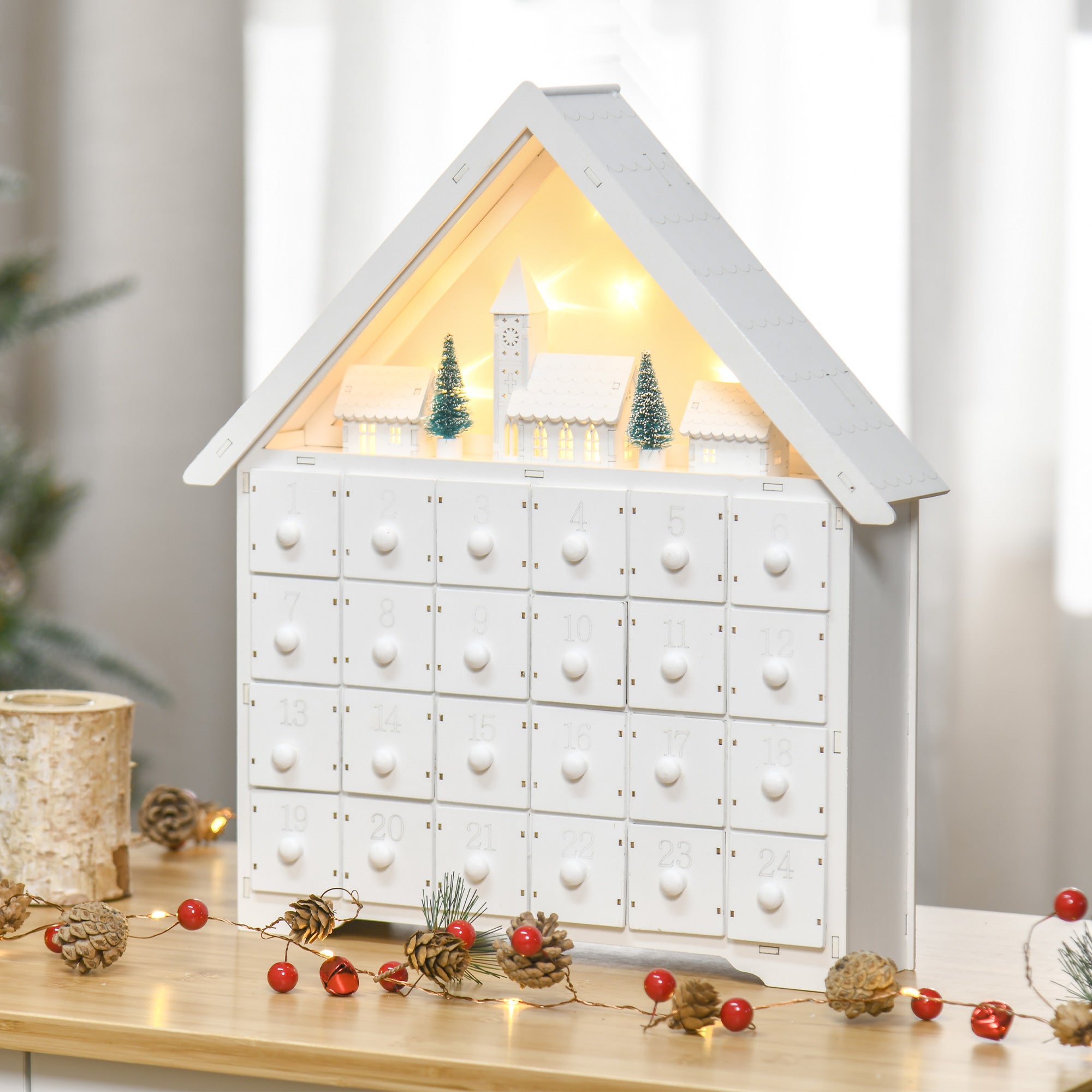 HOMCOM Christmas Advent Calendar, Light Up Table Xmas Wooden House Holiday Decoration with Countdown Drawer, Village, White - anydaydirect