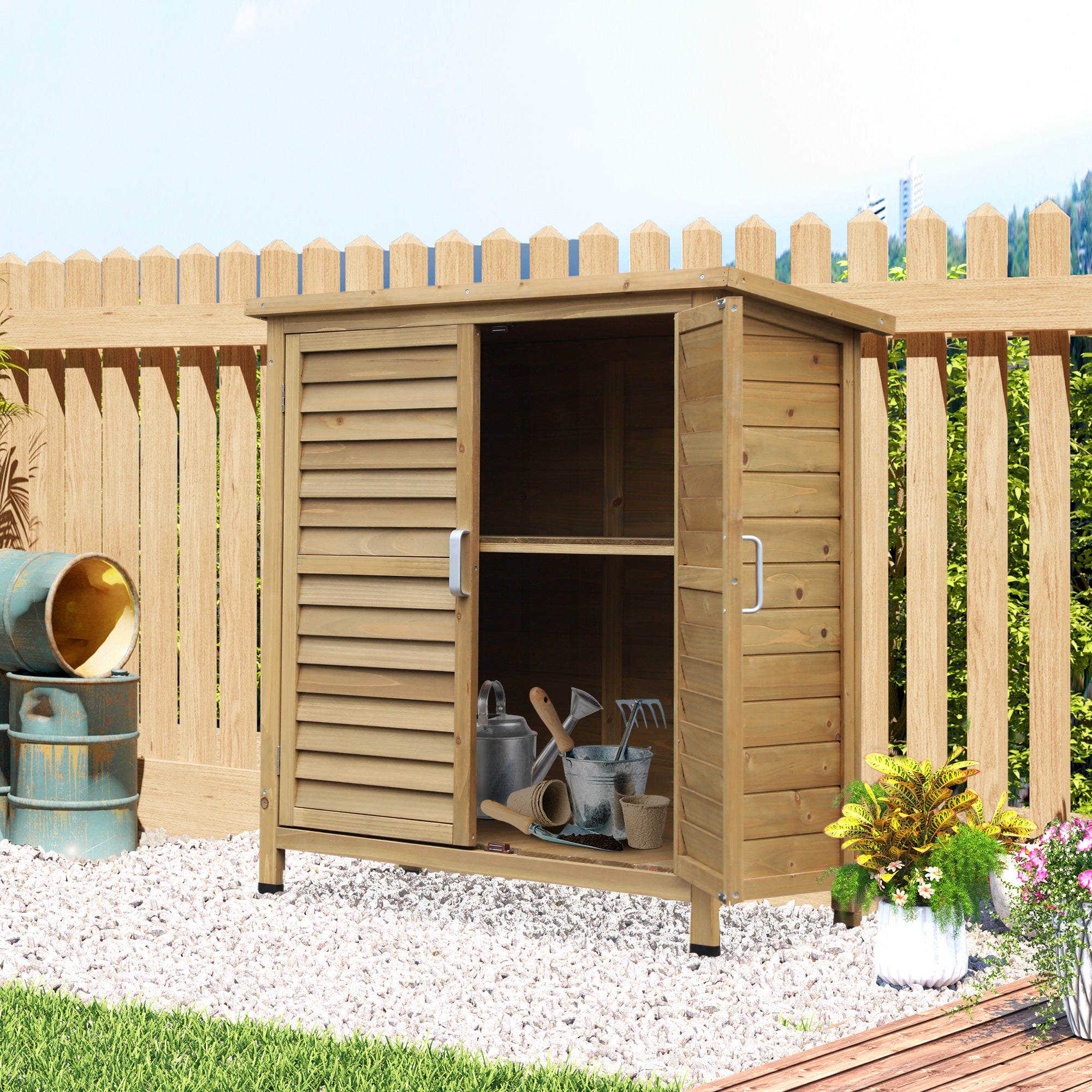 Outsunny Garden Shed Wooden Garden Storage Shed 2 Door Unit Solid Fir Wood Garage Tool Organisation Cabinet, 87L x 46.5W x 96.5Hcm, Grey - anydaydirect
