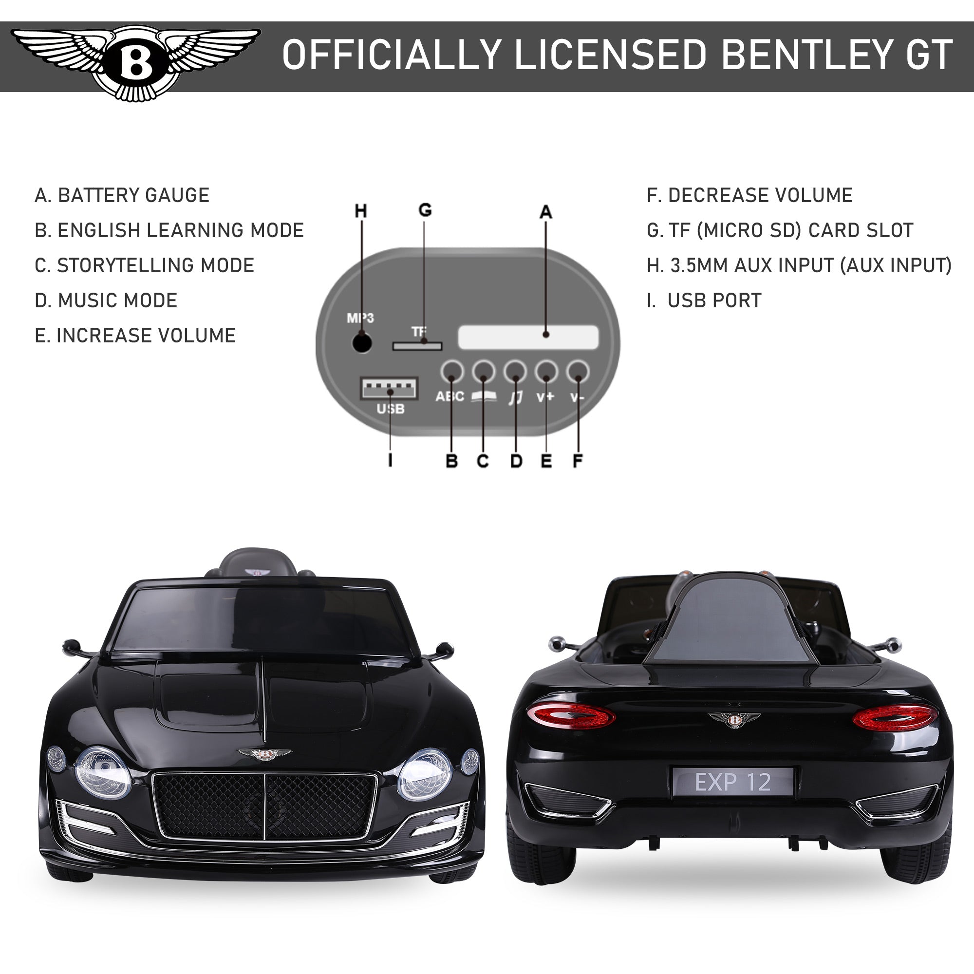 HOMCOM Licensed Bentley Kids Electric Car, 6V Battery Ride On Toy, Durable PP Construction, Black - anydaydirect