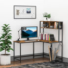 HOMCOM Reversible L Shaped Desk with Hutch, Industrial Computer Desk, Corner Desk with Storage Compartments and Steel Frame for Home Office, Study, 140 x 125cm, Brown - anydaydirect