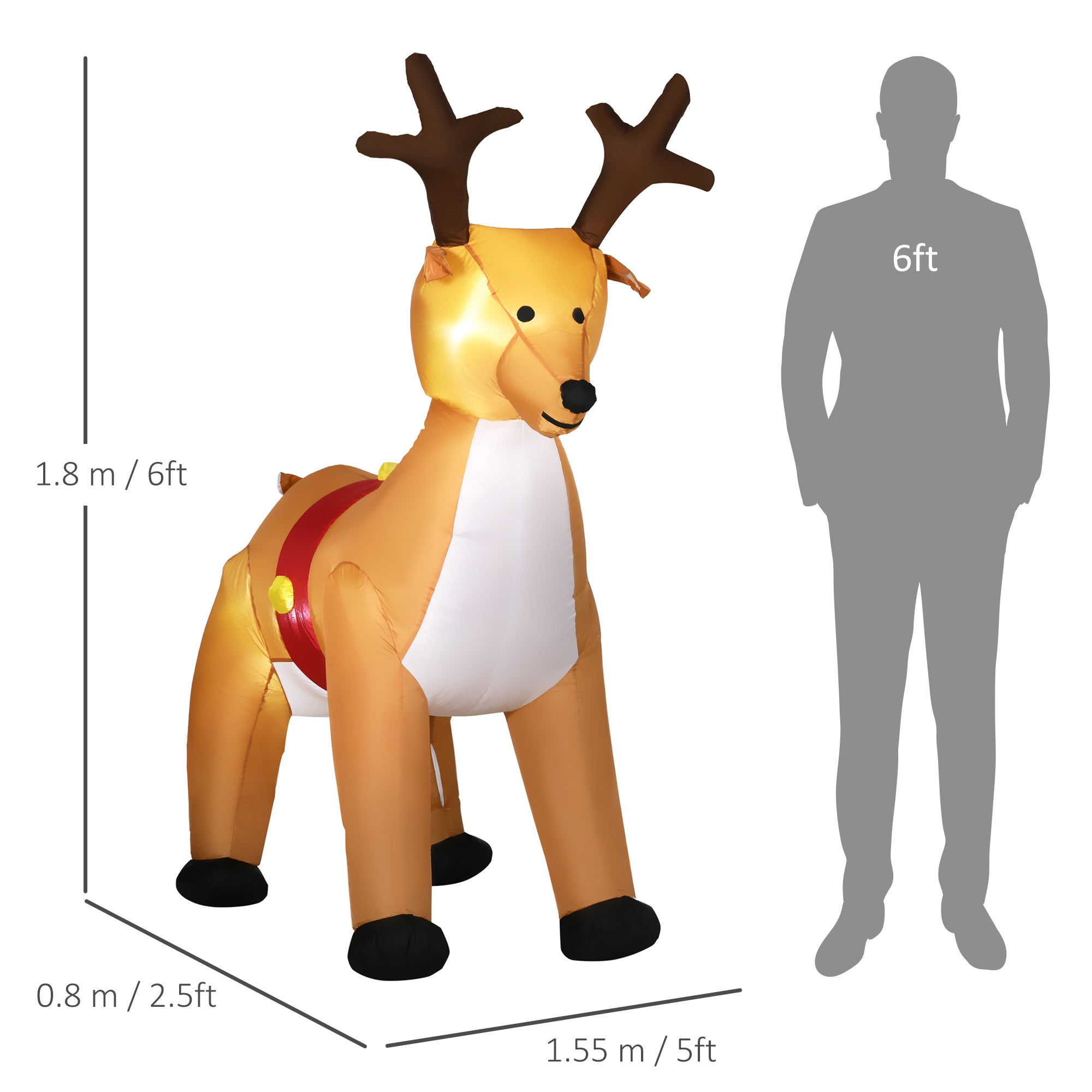 HOMCOM 1.8m Christmas Inflatable Reindeer with LED Lights Xmas Deer Decoration Blow Up Decor for Holiday Outdoor - anydaydirect