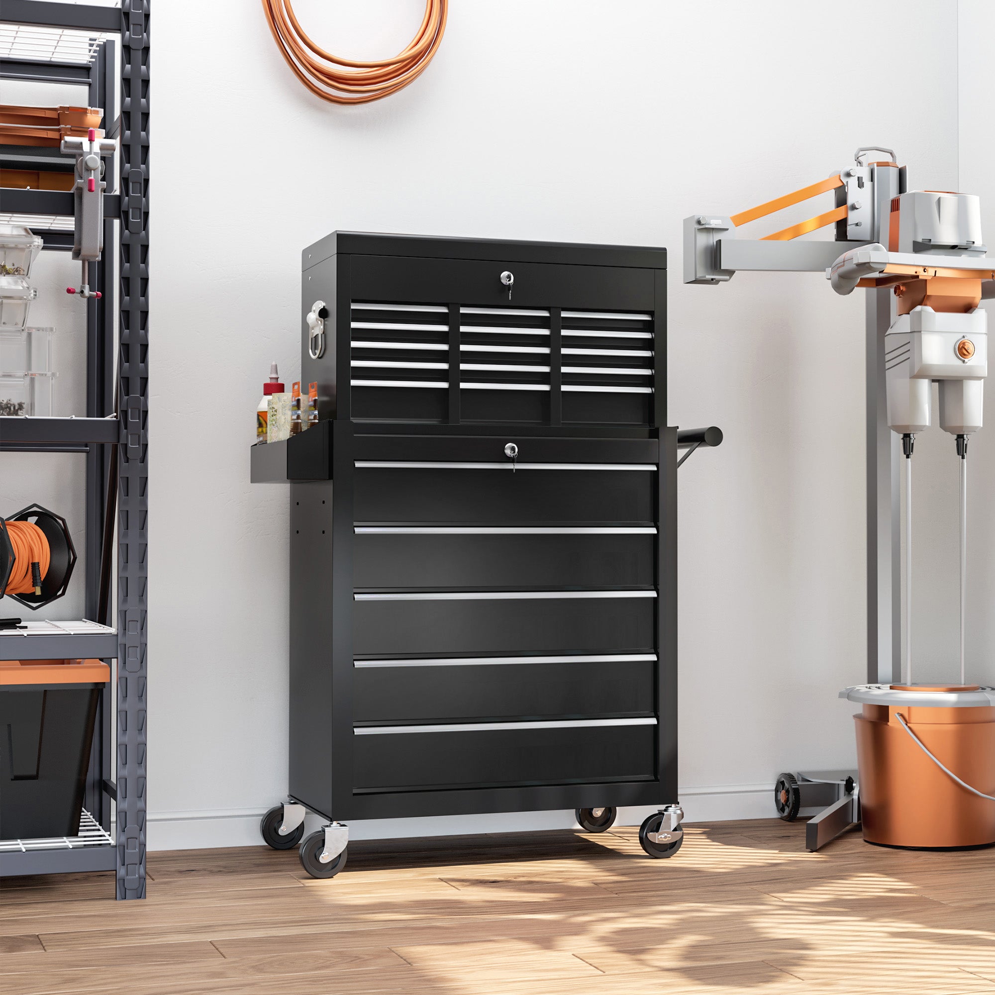 HOMCOM 14 Drawer, Two-Part Tool Storage Chest on Wheels - Black - anydaydirect