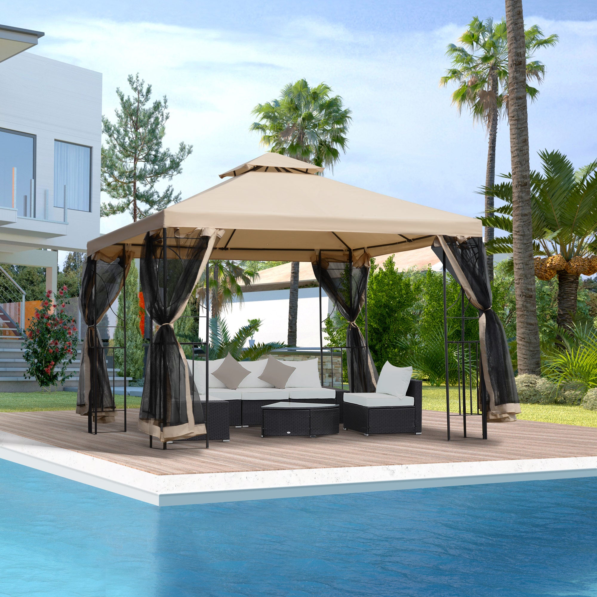 Outsunny 3(m) x 3(m) Garden Gazebo, Double Roof Outdoor Gazebo Canopy Shelter with Netting, Solid Steel Frame for Garden, Lawn, Backyard and Deck - anydaydirect