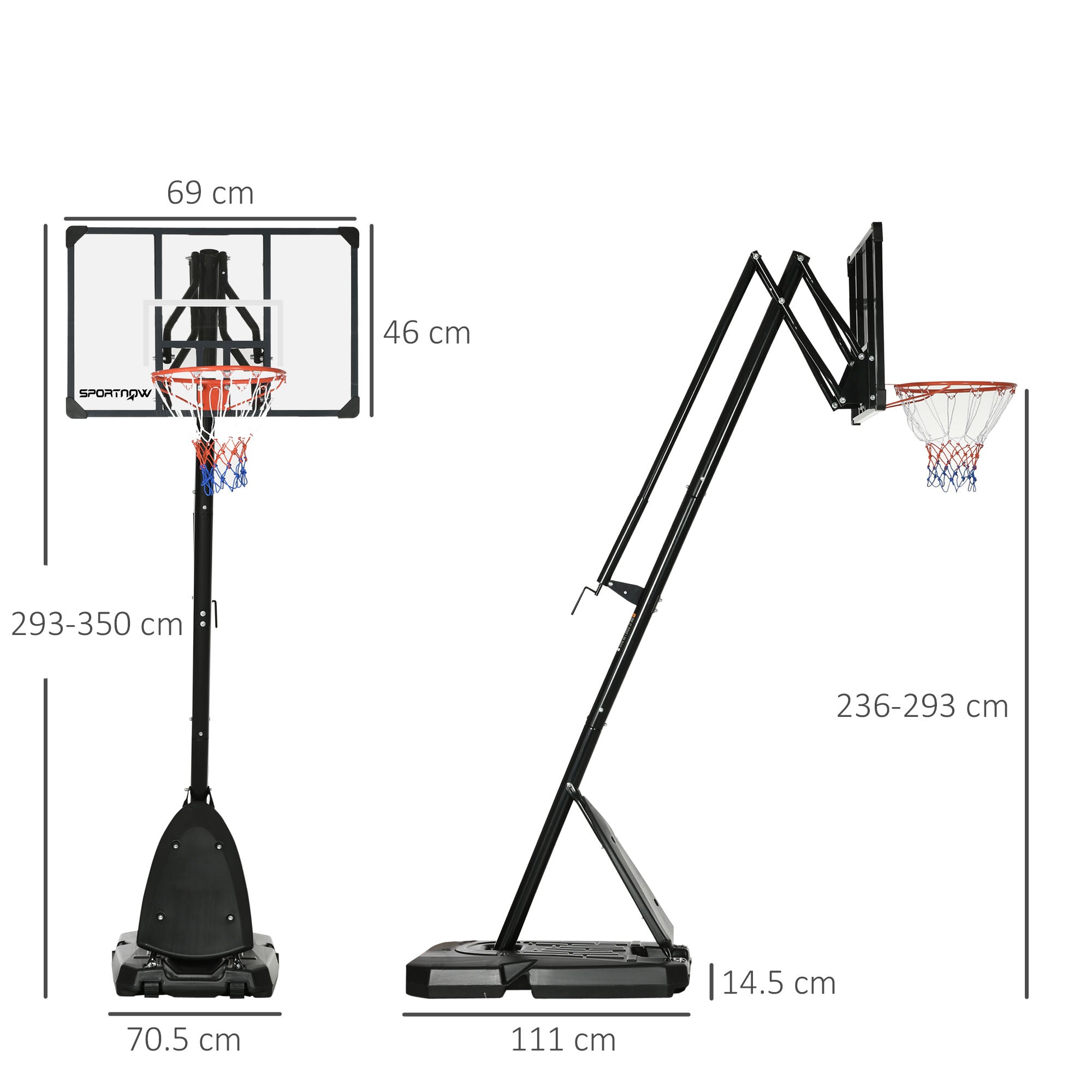 SPORTNOW 2.4-2.9m Adjustable Basketball Hoop and Stand with Weighted Base, Portable on Wheels, Black - anydaydirect