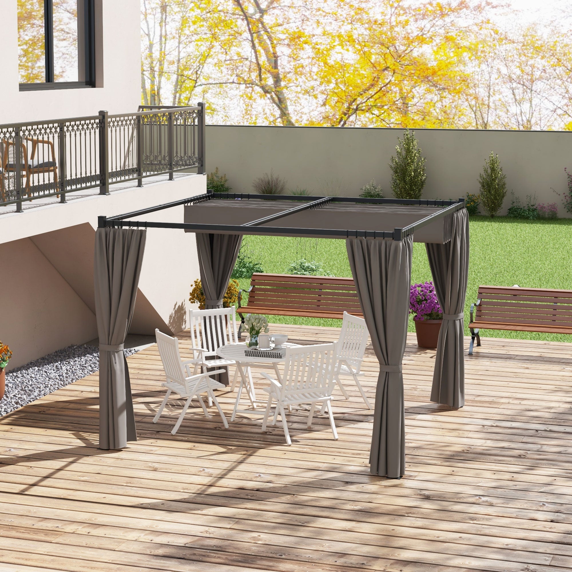 Outsunny 3 x 3m Moving Canopy Metal Pergola, with Curtains - Grey - anydaydirect