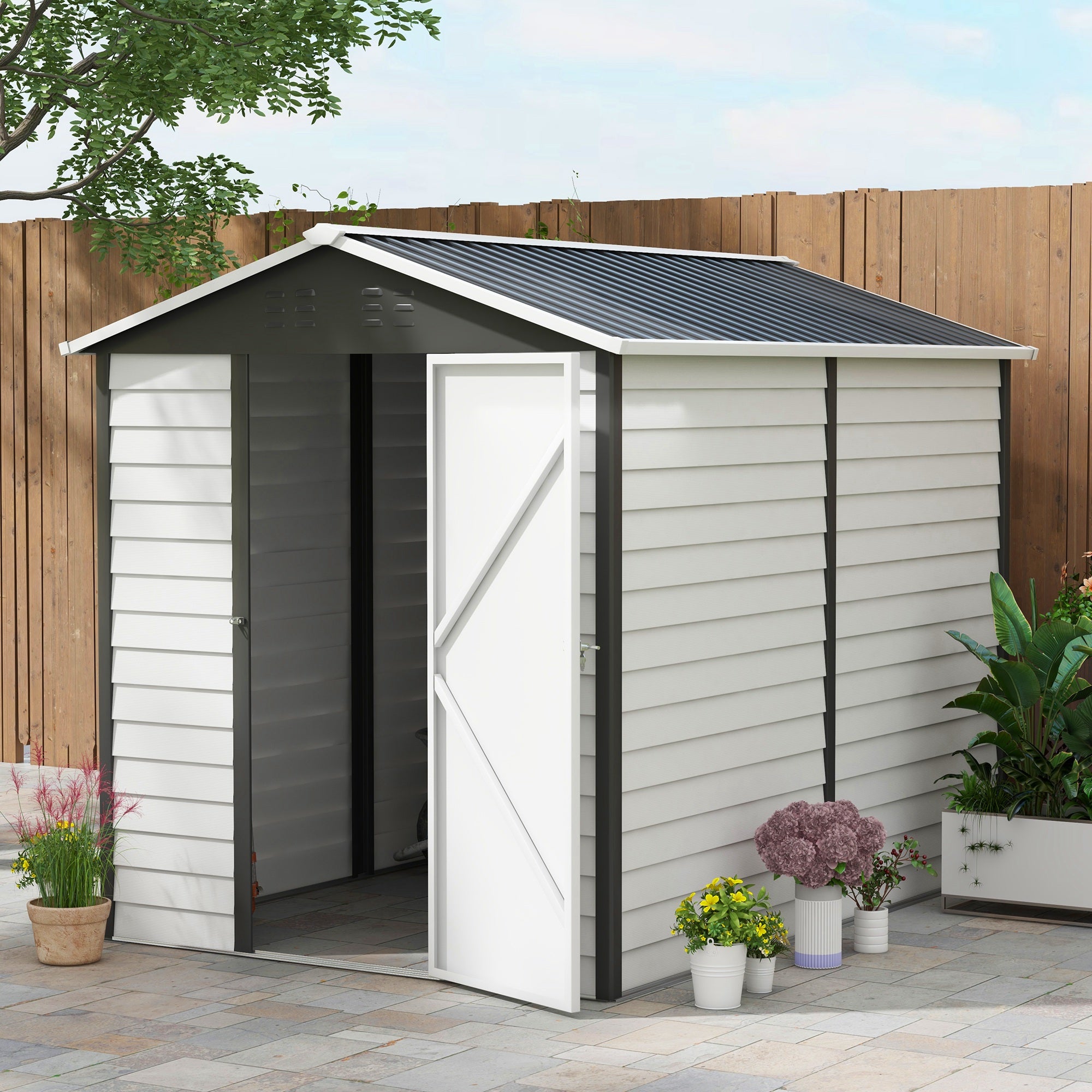 Outsunny 9x 6FT Metal Outdoor Garden Shed, Galvanised Tool Storage Shed w/ Sloped Roof, Lockable Door for Patio Lawn, Dark Grey - anydaydirect
