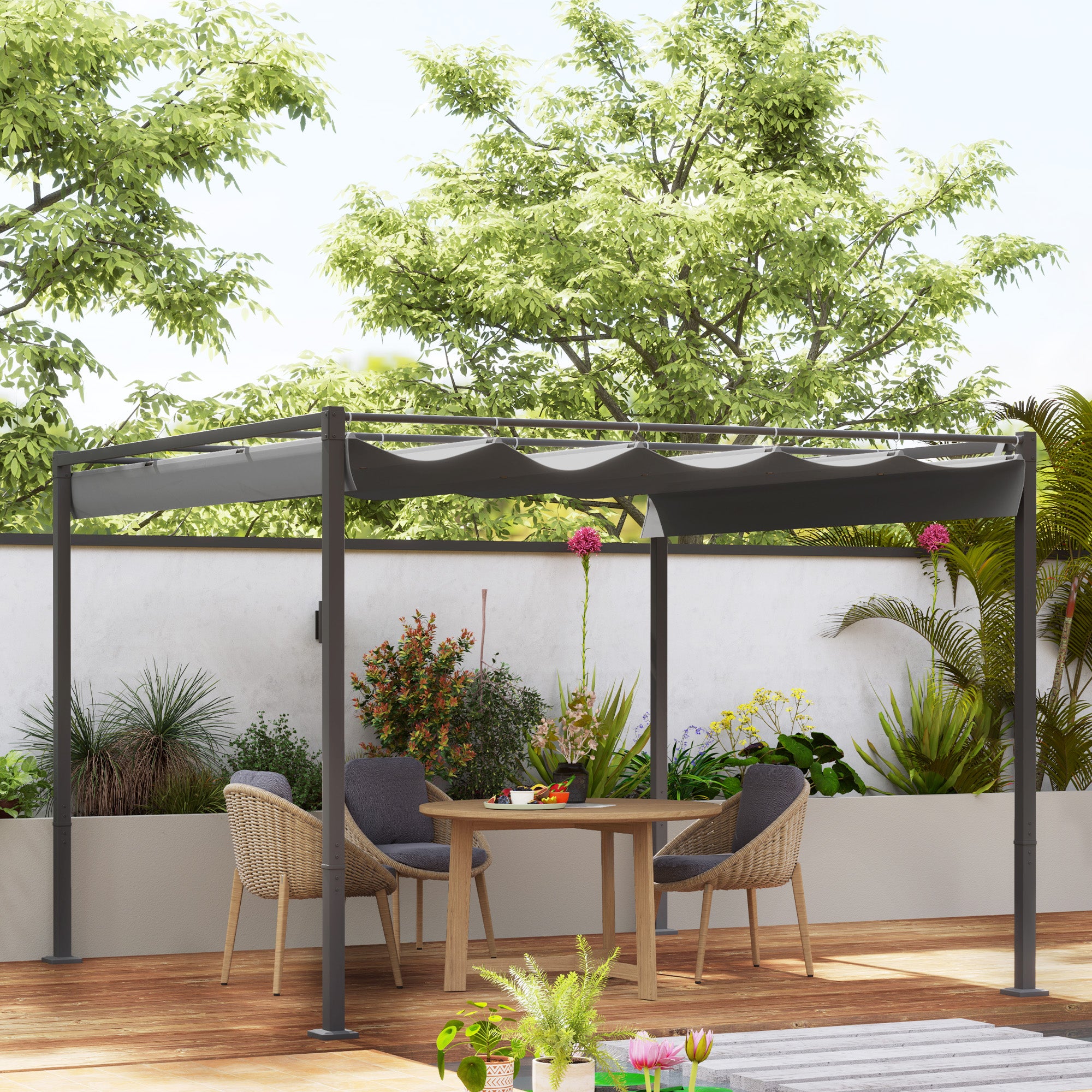 Outsunny 3 x 3(m) Garden Pergola with Retractable Roof and Magnetic Fixture, Outdoor Gazebo Pergola Kit Sun Shade Canopy, UPF30+, Grey - anydaydirect