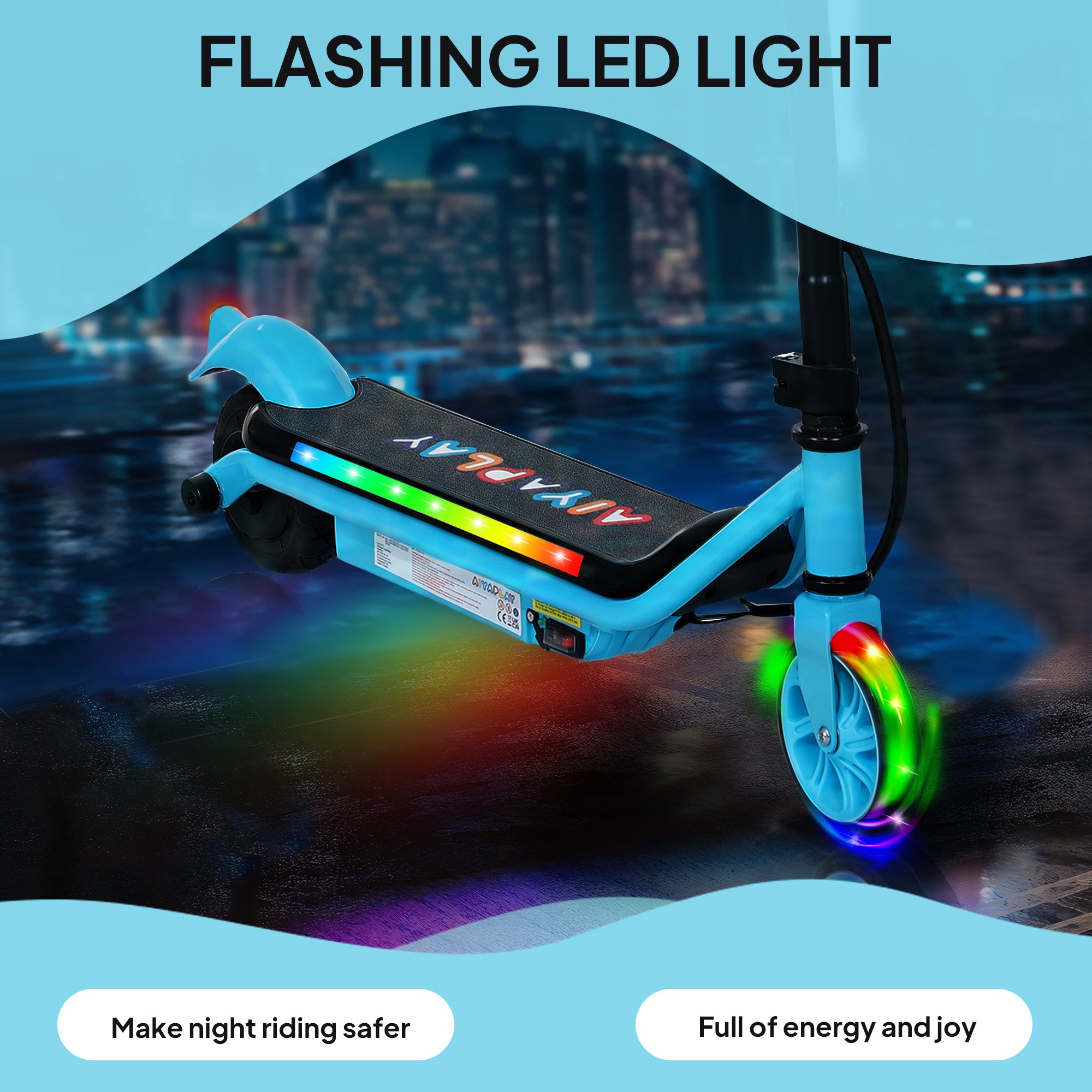 AIYAPLAY Electric Scooter for Kids Ages 6-14, with Dual Brakes, Flash Wheel and Colourful Light, Kids Electric Scooter E Scooter, Up to 12 KM/H & 10 KM, Blue - anydaydirect