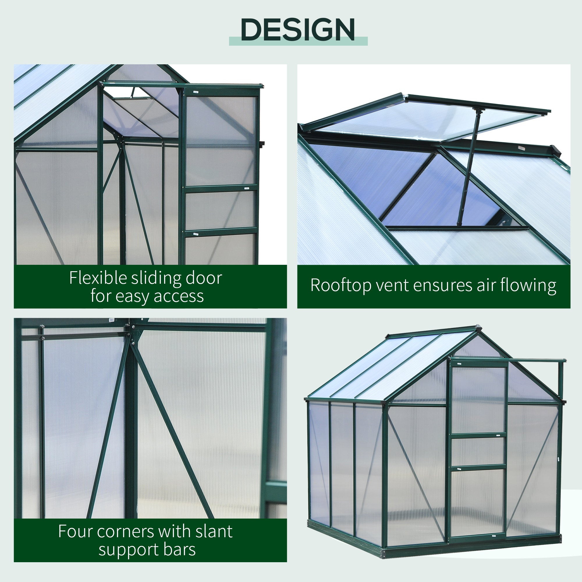 Outsunny 6 x 6ft Polycarbonate Greenhouse, Large Walk-In Green House with Slide Door and Window, Garden Plants Grow House with Aluminium Frame and Foundation, Dark Green - anydaydirect