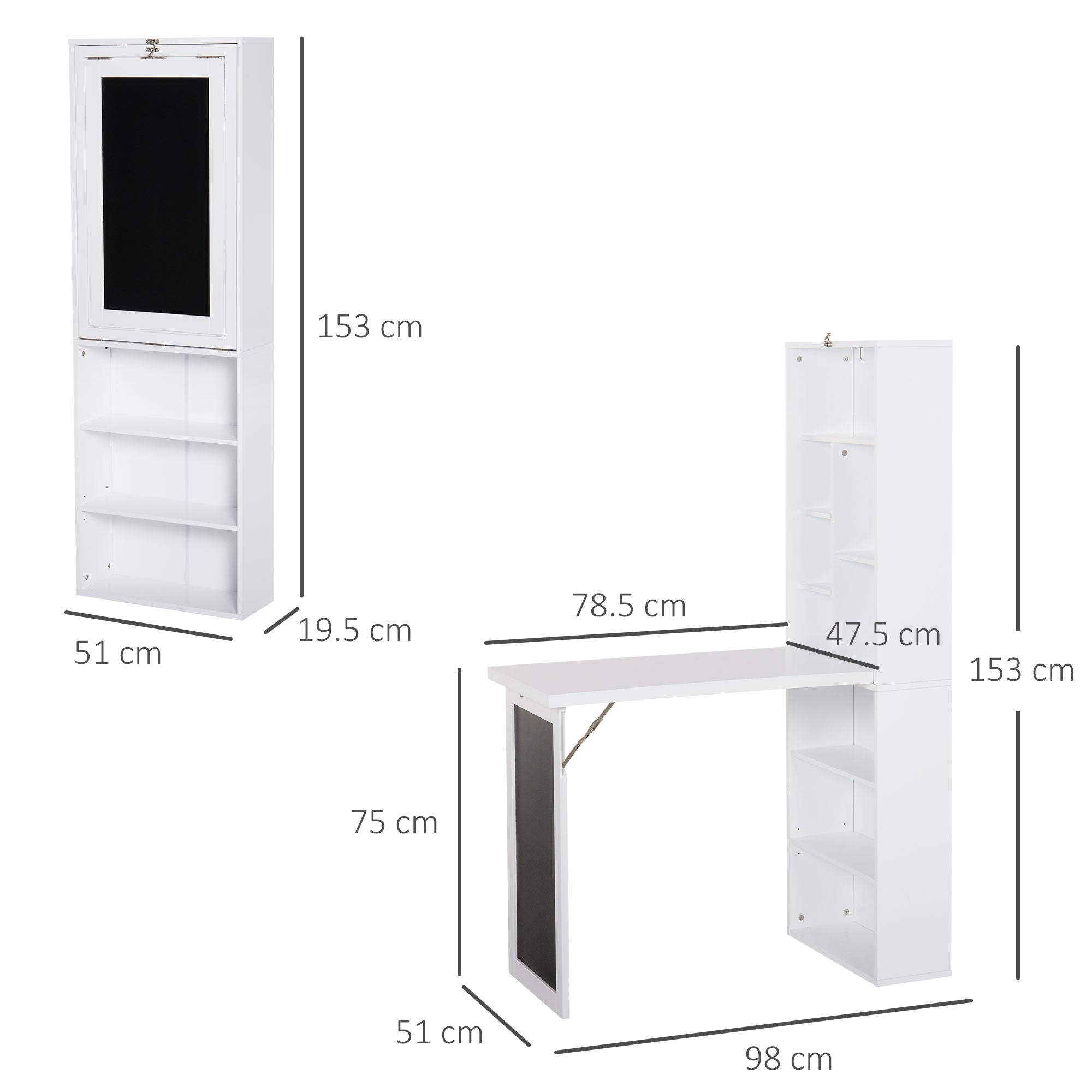 HOMCOM Wall Mounted Computer Desk, Folding Study Table with Black Board and Bookshelf, Multifunctional Floating Writing Desk for Home Office, White - anydaydirect
