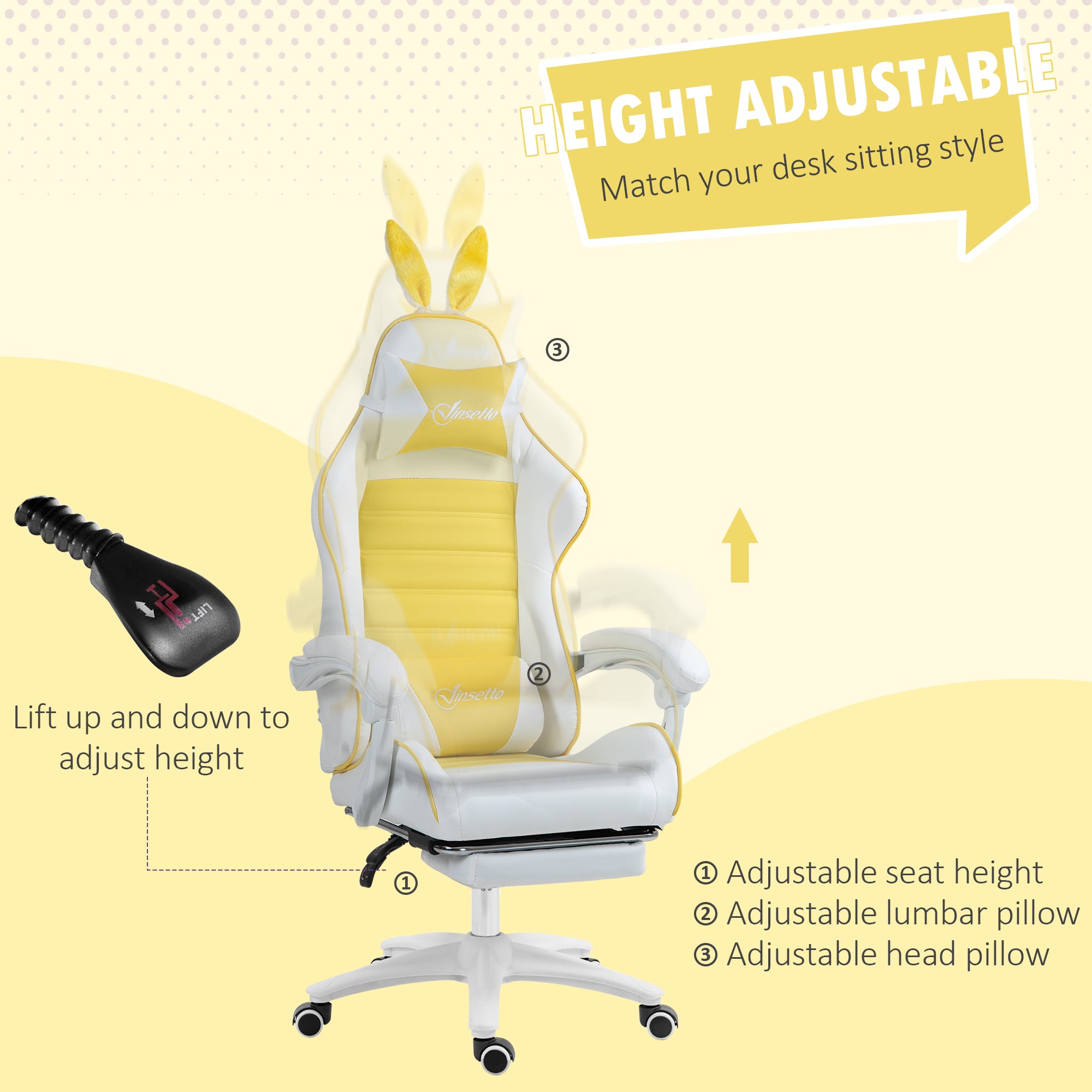 Vinsetto Racing Gaming Chair, Reclining PU Leather Computer Chair with Removable Rabbit Ears, Footrest, Headrest and Lumber Support, Yellow - anydaydirect