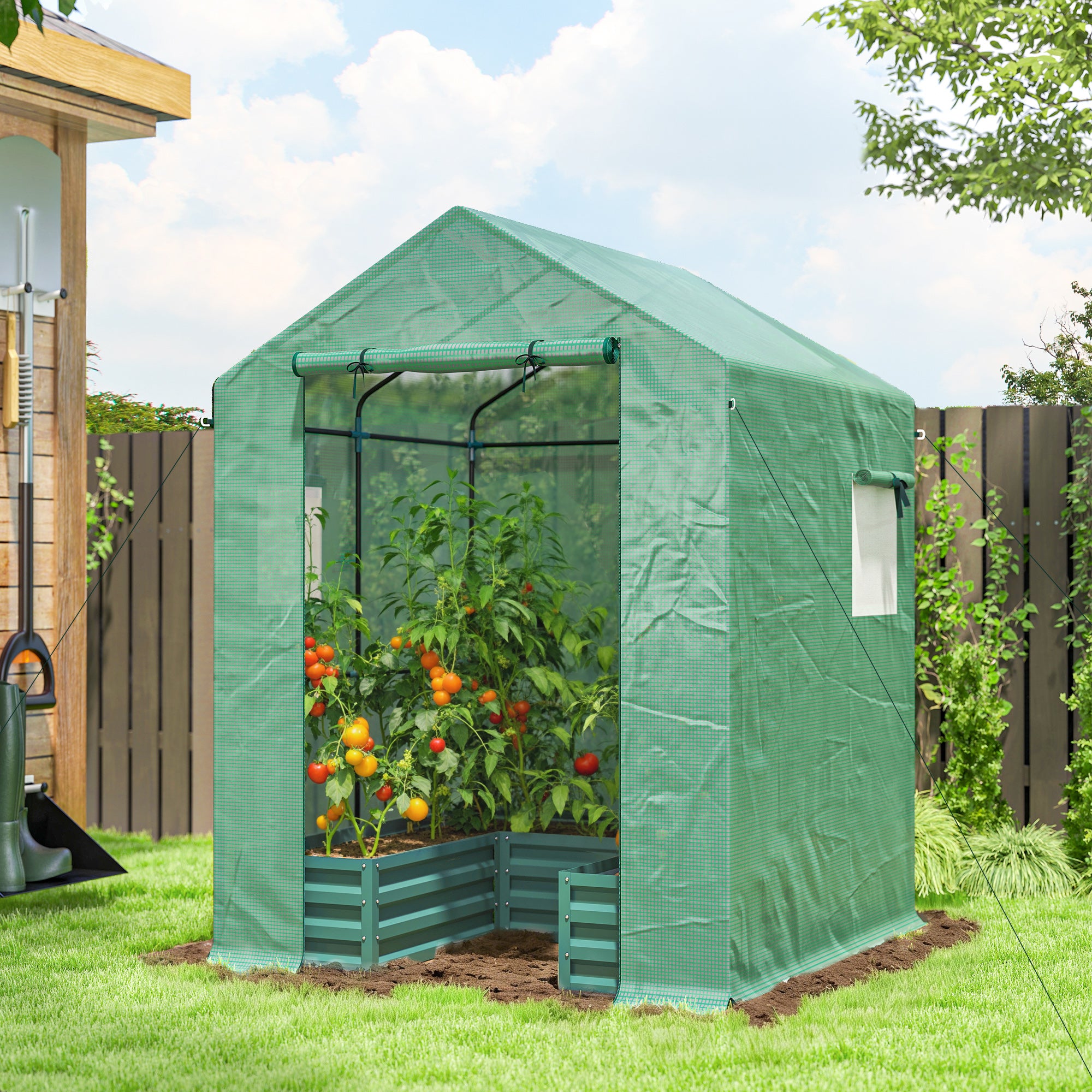 Outsunny Small Greenhouse with Raised Garden Bed, Galvanised Walk-in Greenhouse with Roll Up Windows, 141 x 141 x 190 cm, Green - anydaydirect