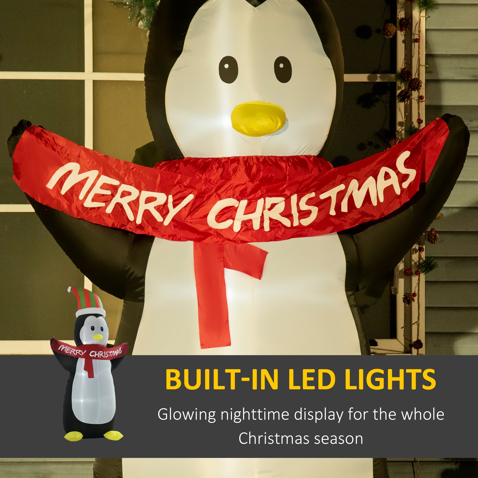 HOMCOM 243cm Inflatable Penguin Holding Merry Christmas Banner Holiday Yard Decoration with LED Lights, Indoor Outdoor Lawn Blow Up Decor - anydaydirect