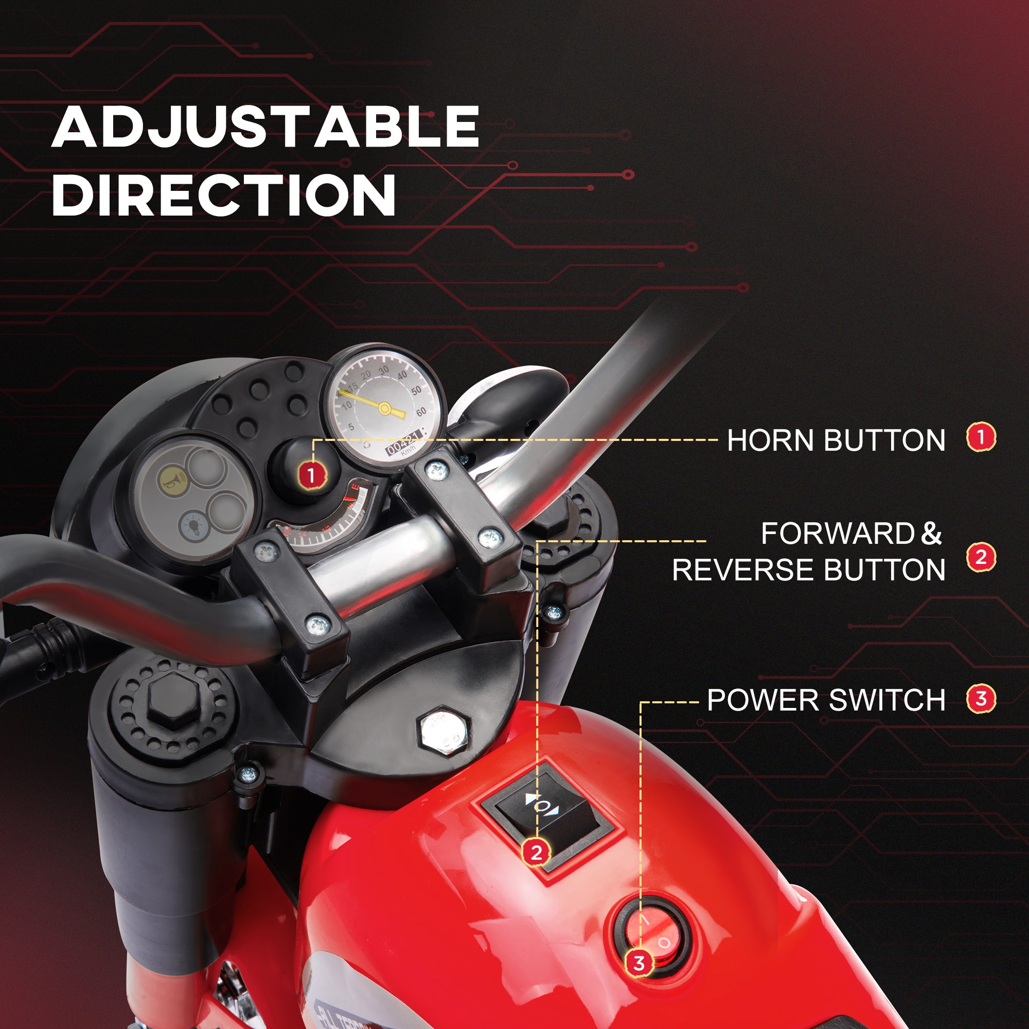 HOMCOM Kids Electric Motorcycle Ride-On Toy 3-Wheels Battery Powered Motorbike Rechargeable 6V w/ Horn Headlights for 18 - 36 Months Red - anydaydirect