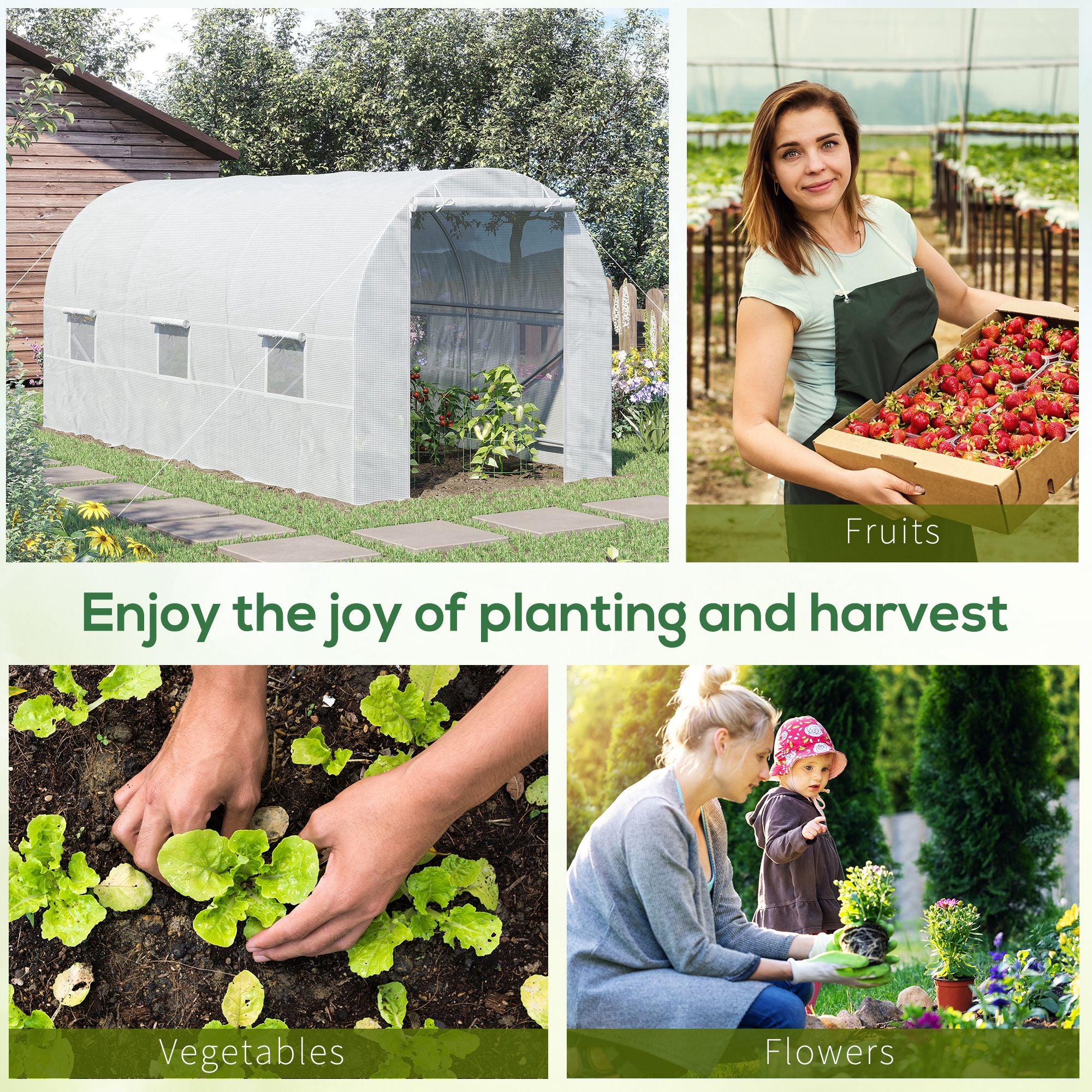 Outsunny 4.5 x 2 x 2 m Polytunnel Greenhouse, Walk-in Green House for Garden with Mesh Windows, Galvanised Steel Frame, White - anydaydirect