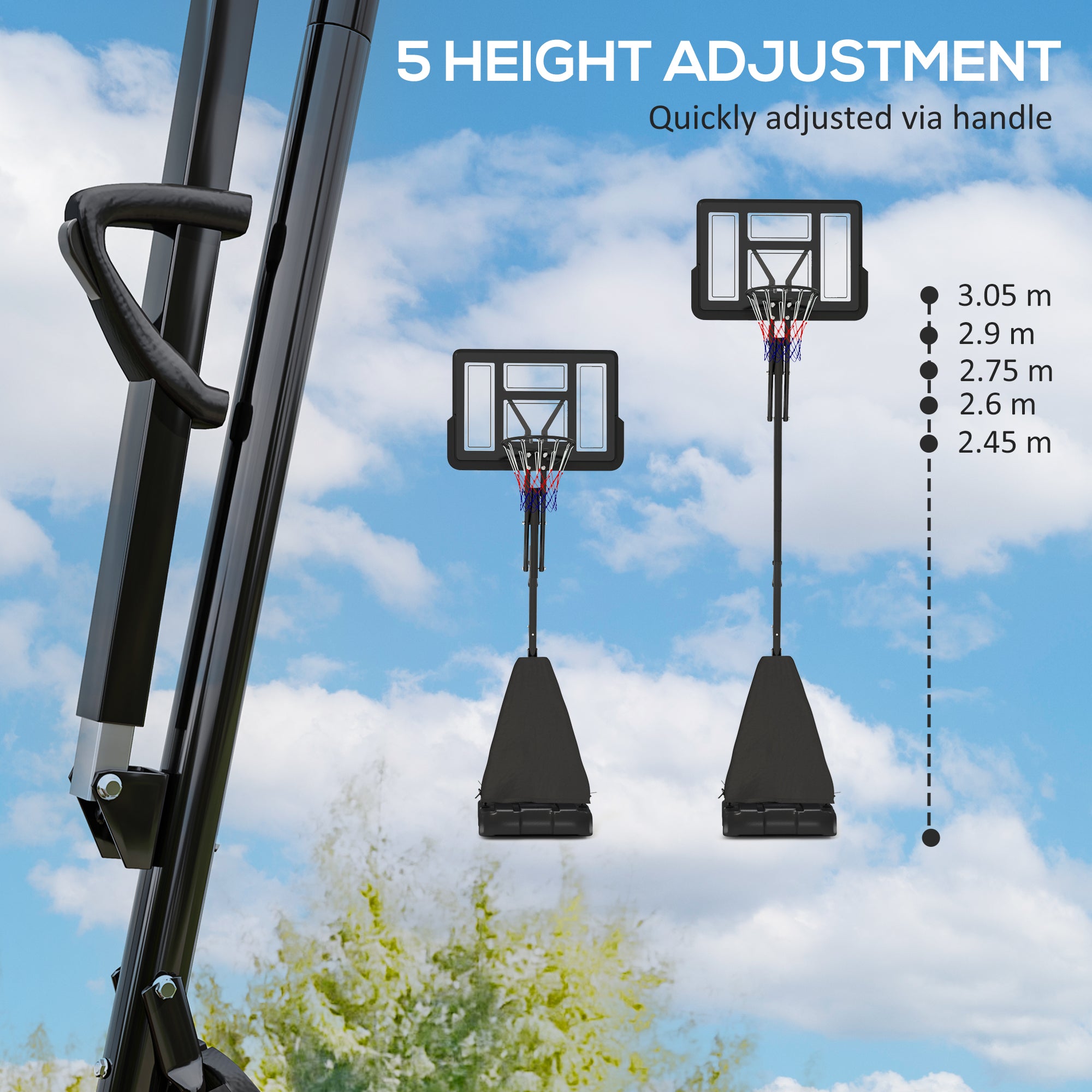 SPORTNOW 245-305cm Adjustable Basketball Hoop and Stand, with Wheels, Black - anydaydirect