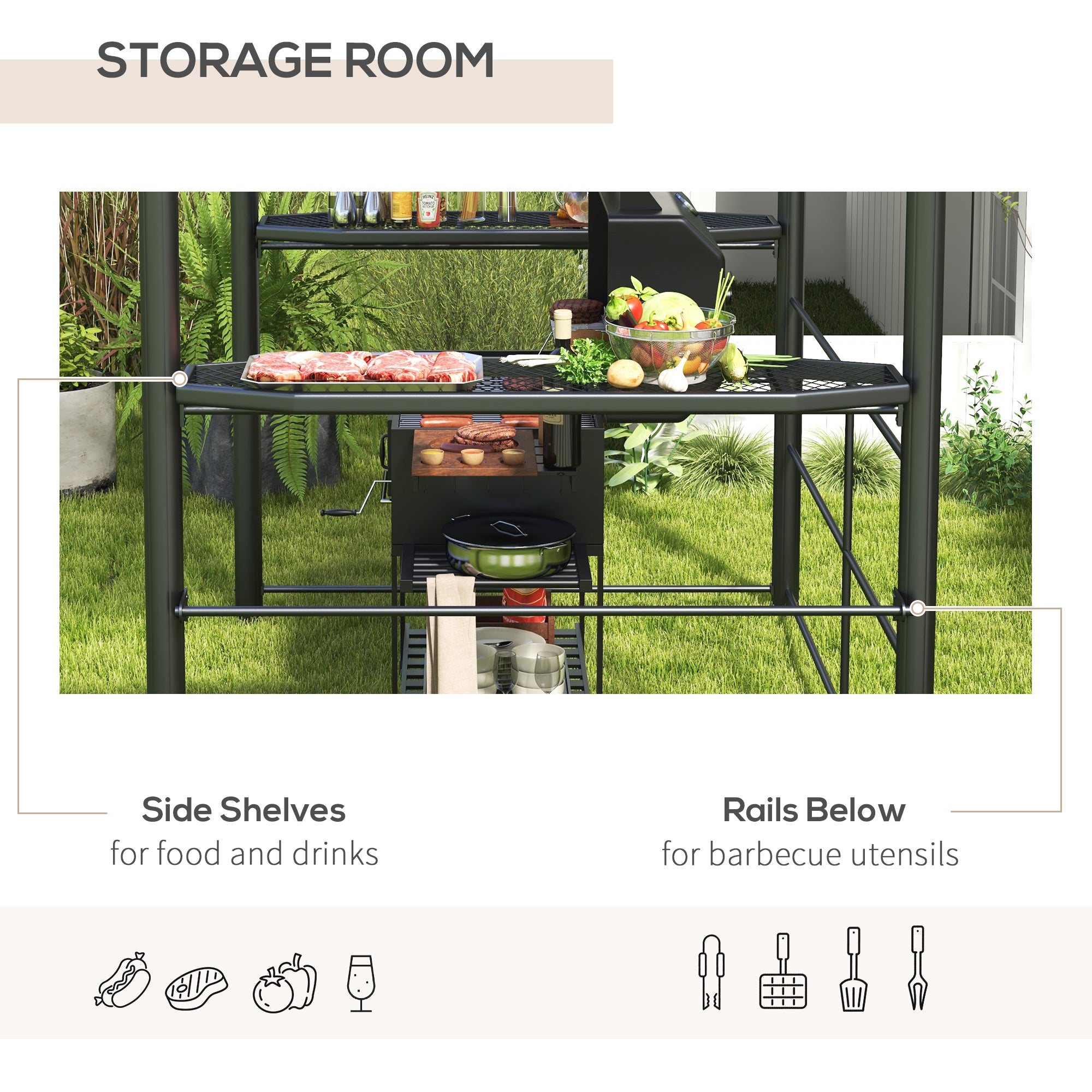 Outsunny 2.4 x 1.5m Outdoor Grill Gazebo with Side Shelves, PC Board Roof, Dark Grey - anydaydirect