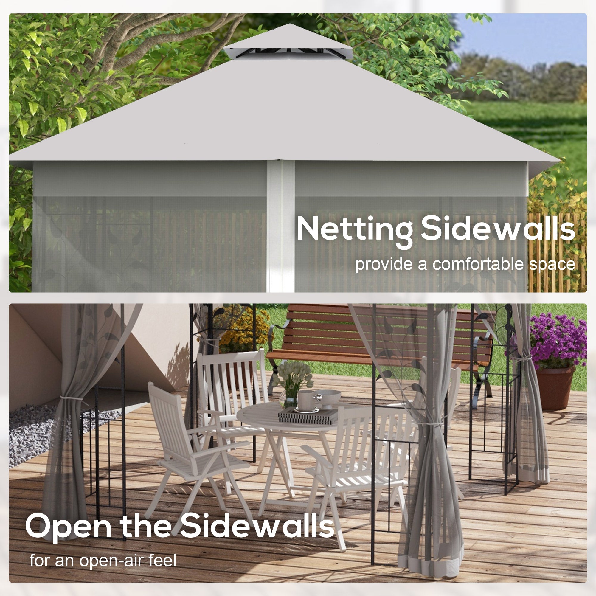 Outsunny 3(m) x 3(m)  Double Roof Outdoor Garden Gazebo Canopy Shelter with Netting, Solid Steel Frame, Light Grey - anydaydirect