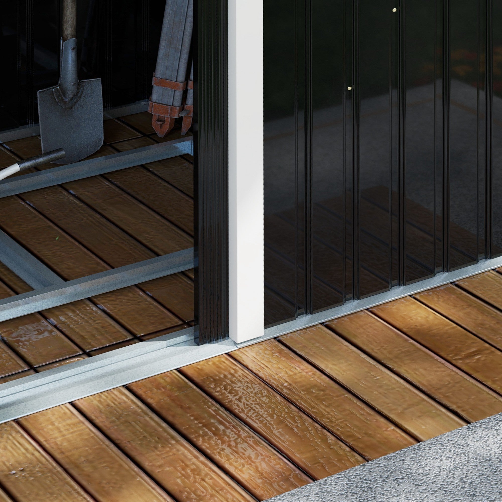 Outsunny 9 x 4 ft Metal Garden Storage Shed Patio Corrugated Steel Roofed Tool Box with Base, Kit Ventilation and Doors, Dark Grey - anydaydirect