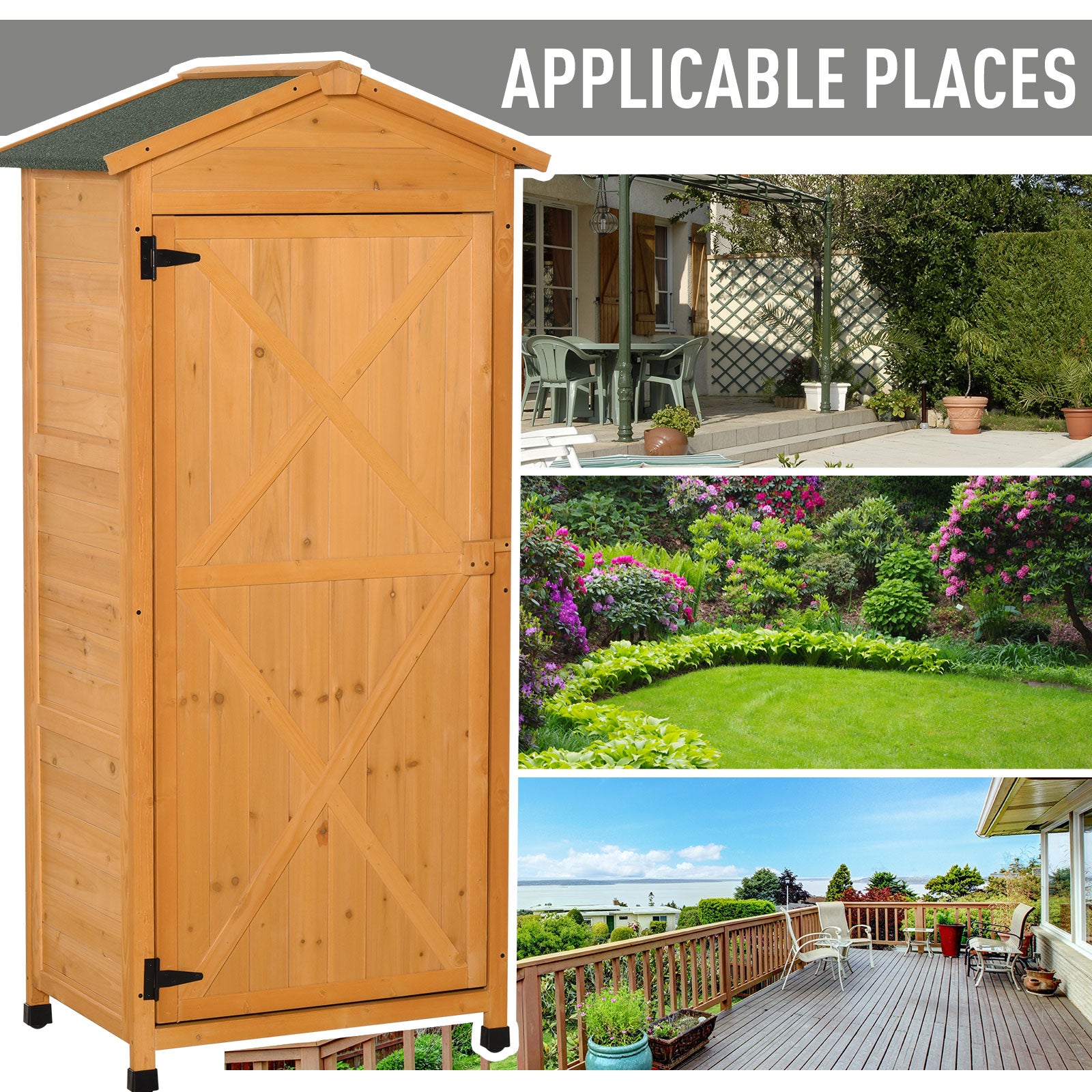 Outsunny Wooden Garden Cabinet 3-Tier Storage Shed 2 Shelves Lockable Organizer with Hooks Foot Pad 74 x 55 x 155cm Dark Yellow - anydaydirect