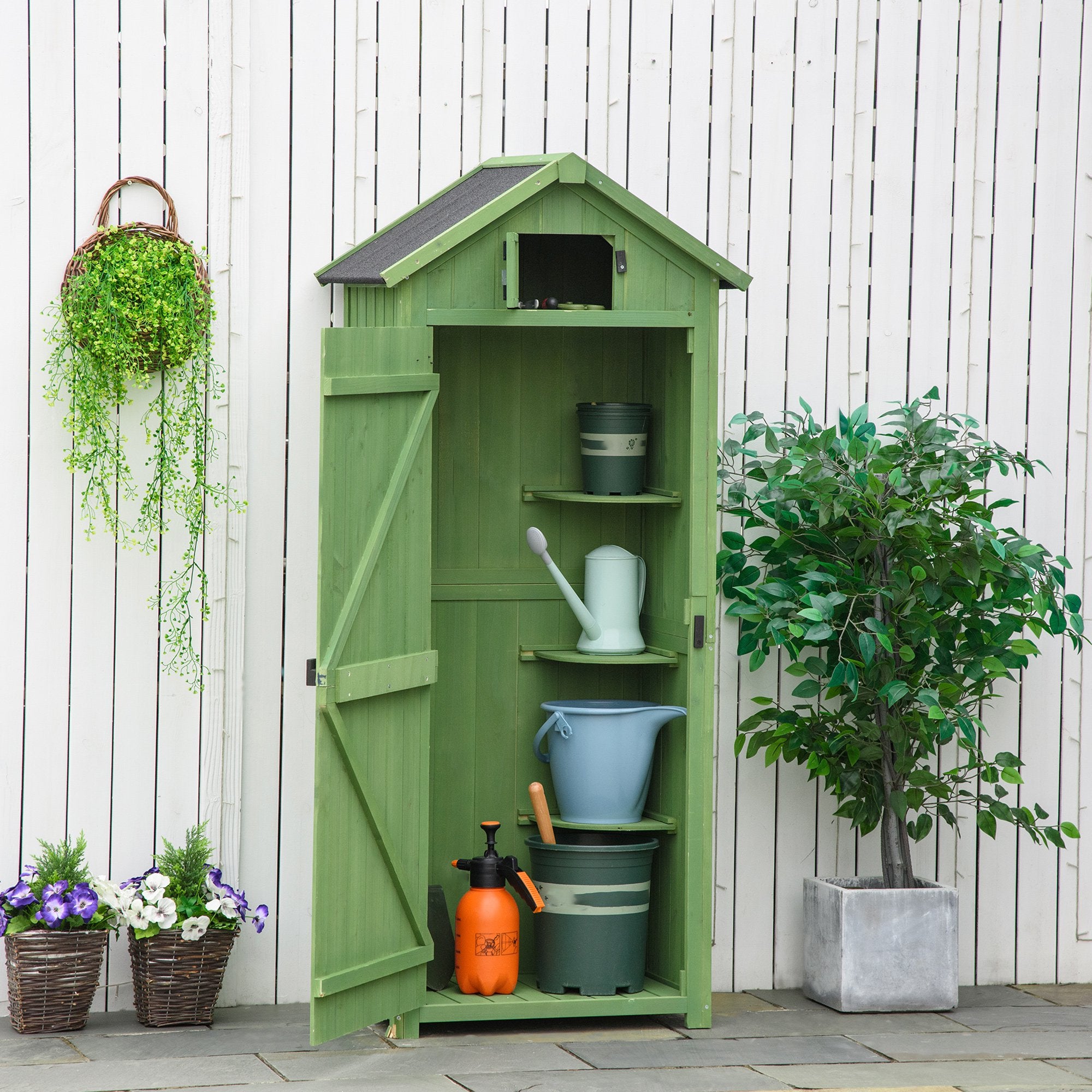 Outsunny Garden Shed Vertical Utility 3 Shelves Shed Wood Outdoor Garden Tool Storage Unit Storage Cabinet, 77 x 54.2 x 179cm - Green - anydaydirect