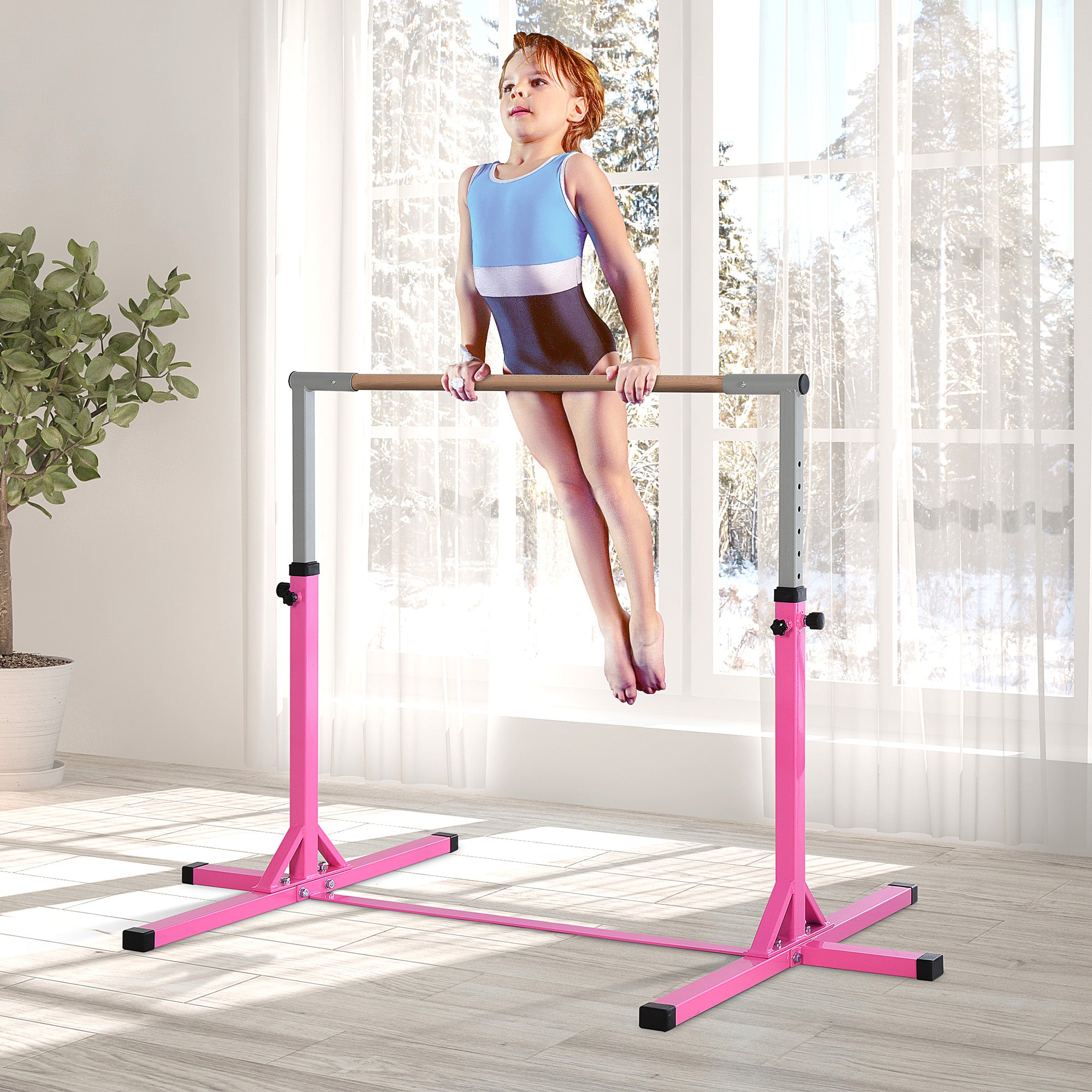 HOMCOM Height Adjustable Gymnastics Horizontal Bar for Kids, Children Junior Kip High Bar Fitness, Pink - anydaydirect