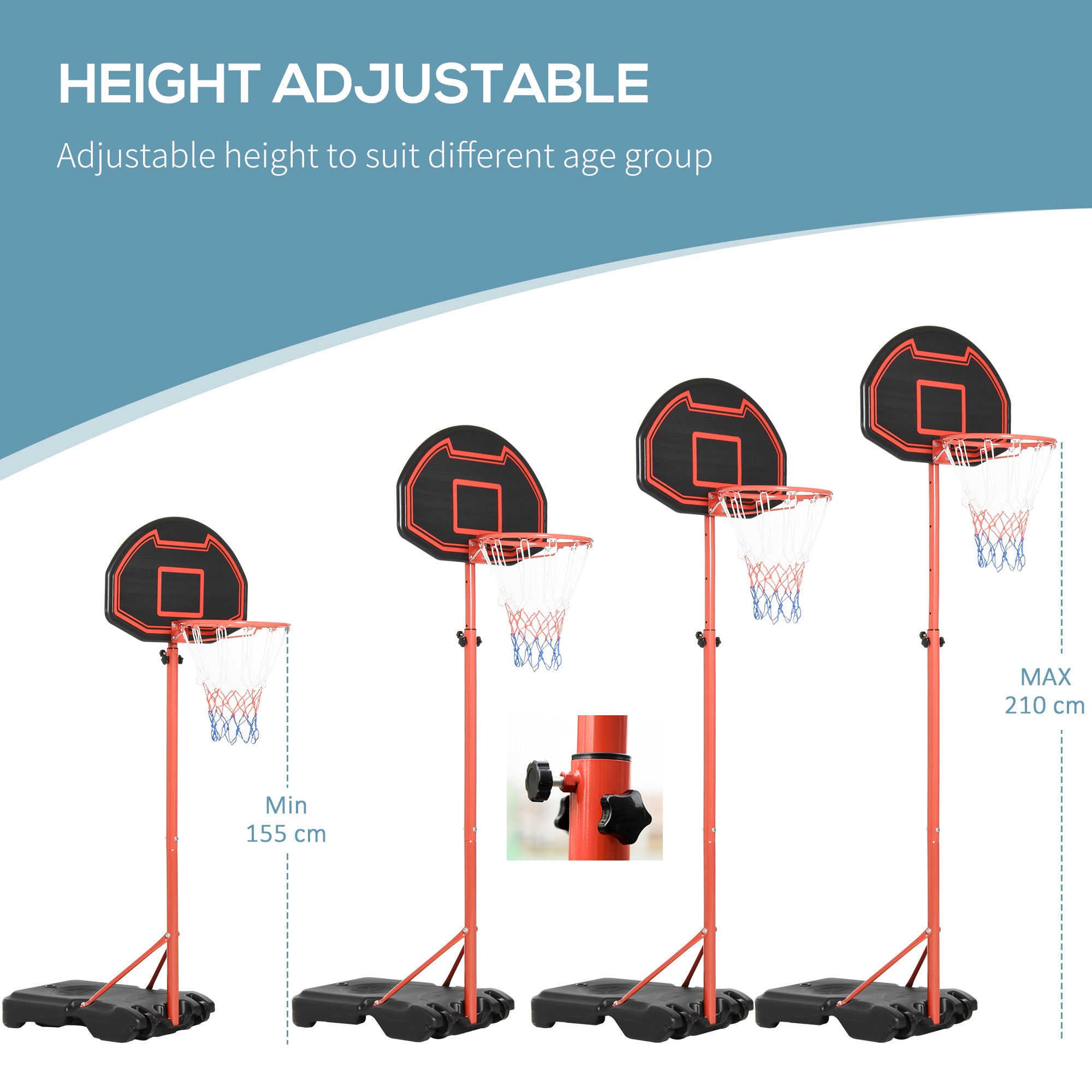HOMCOM Basketball Hoop Outdoor, Portable Basketball Hoop and Stand with Weighted Base, Portable on Wheels, 1.55-2.1m, for Teens, Juniors, Adults, Black - anydaydirect
