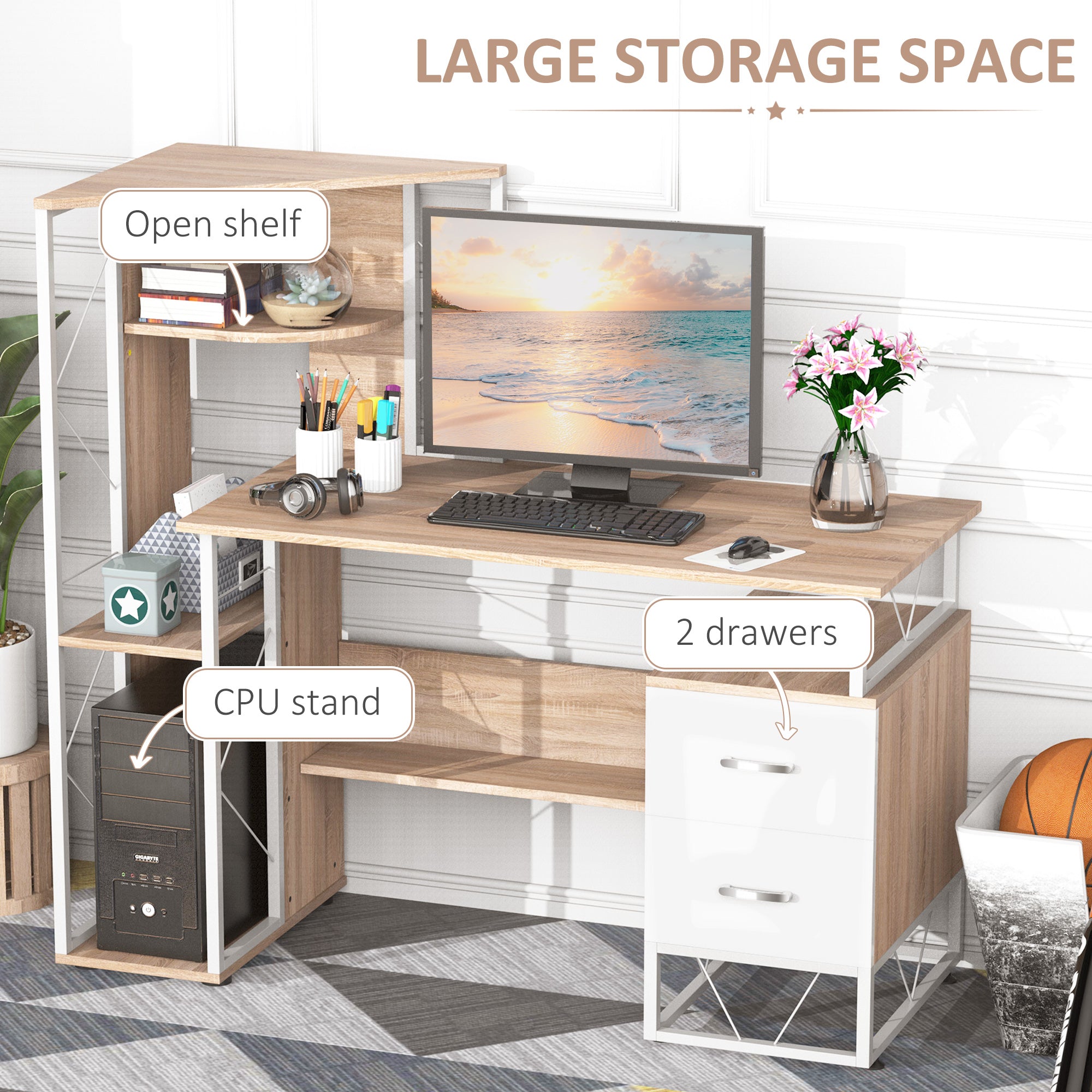 HOMCOM Computer Desk with Drawers and Bookshelf, Writing Desk for Home Office with Storage Shelves, Study Workstation, Oak - anydaydirect
