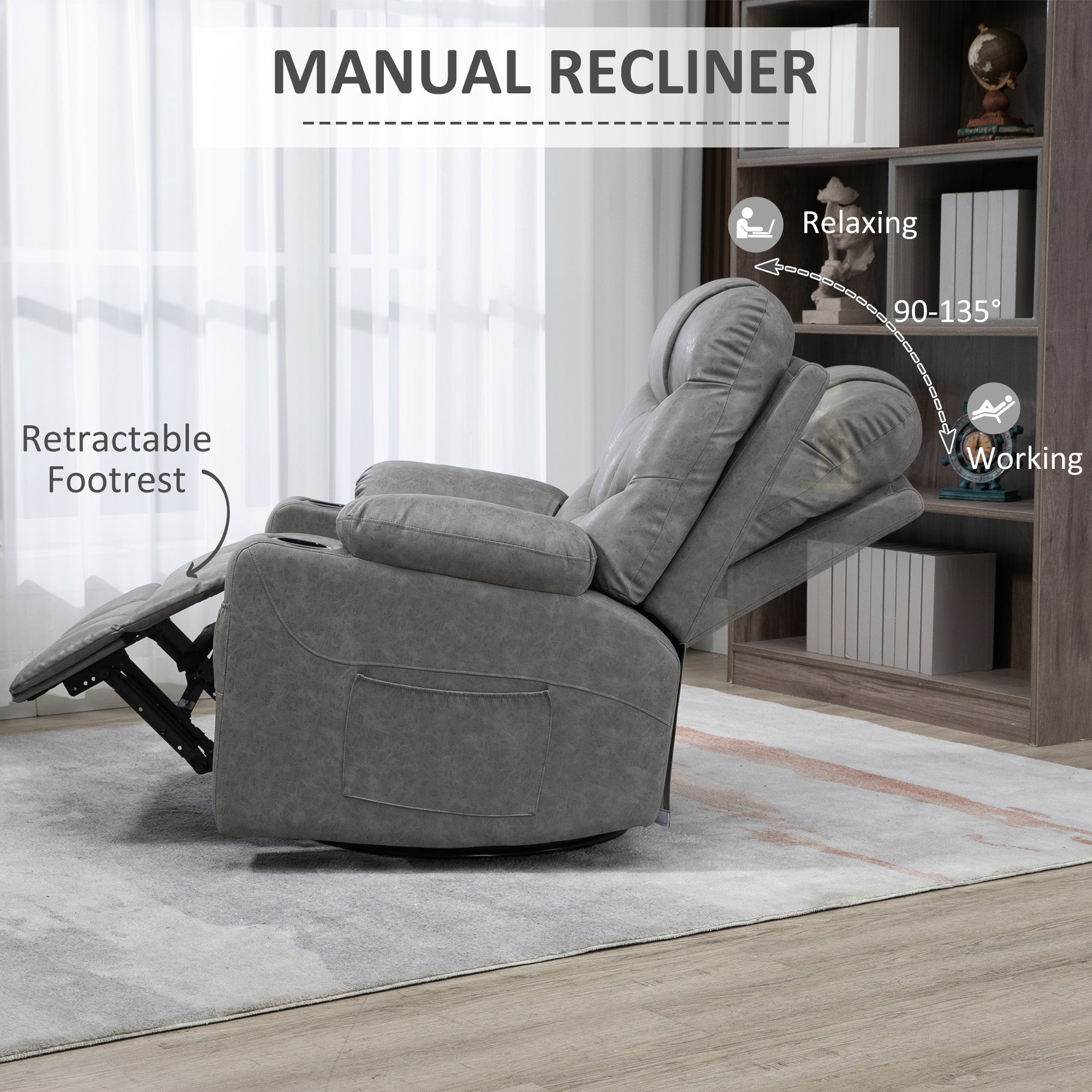 HOMCOM Thick Padded Faux Leather Recliner Armchair - Light Grey - anydaydirect