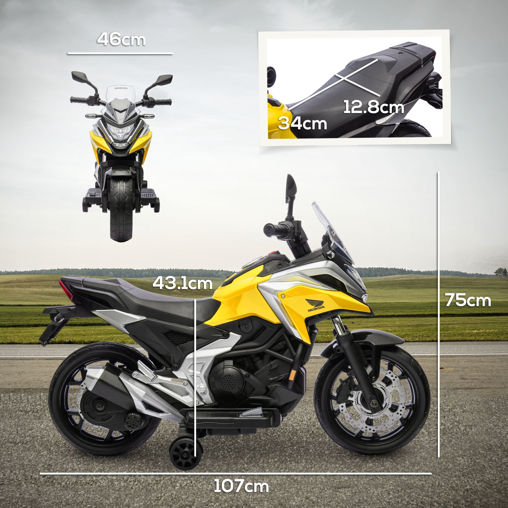 AIYAPLAY 12V Honda Licensed Kids Electric Motorbike w/ Music, Headlights, Early Education Function, for 3-6 Years - Yellow - anydaydirect
