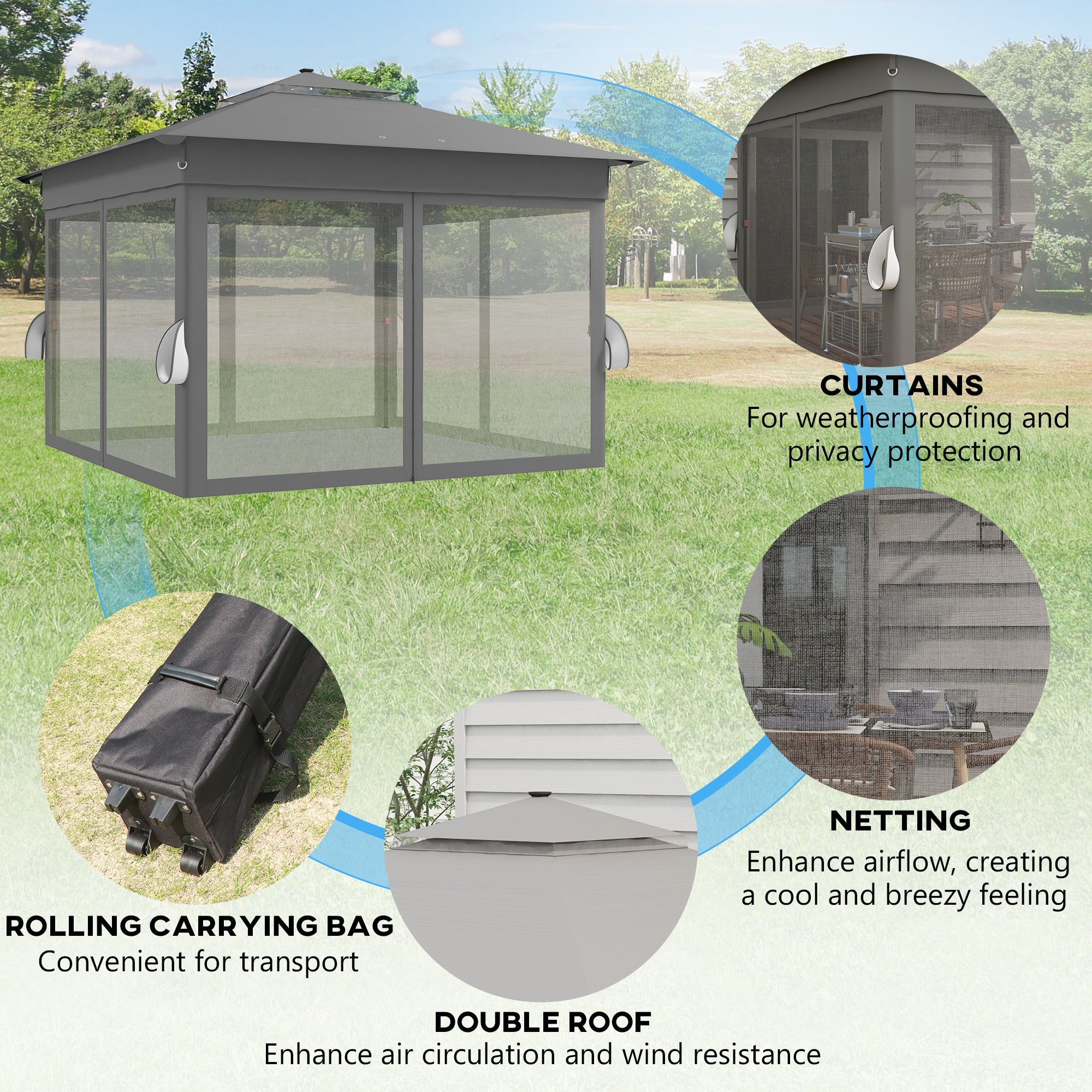 Outsunny 3 x 3(m) Pop Up Gazebo Party Tent with Solar-Powered LED Lights, Adjustable Event Shelter with Netting, Grey - anydaydirect