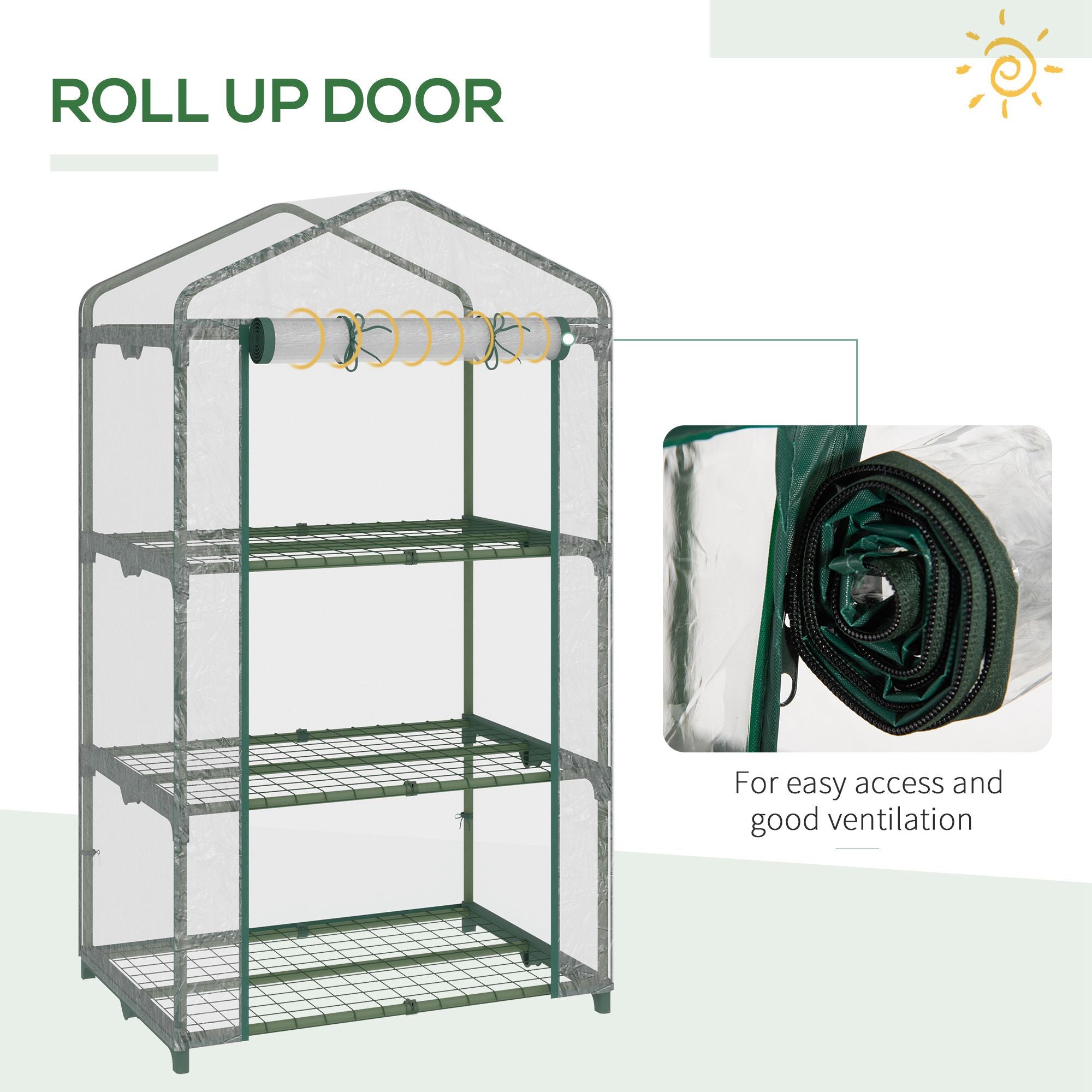 Outsunny 3 Tier Mini Greenhouse Portable Garden Grow House with Roll Up Door and Wire Shelves, 69L x 49W x 125H cm, Clear - anydaydirect