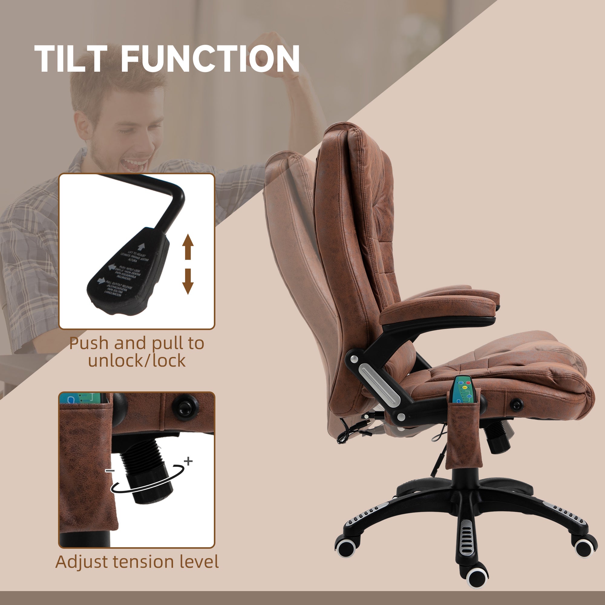 Vinsetto Massage Recliner Chair Heated Office Chair with Six Massage Points Microfiber Cloth 360° Swivel Wheels Brown - anydaydirect