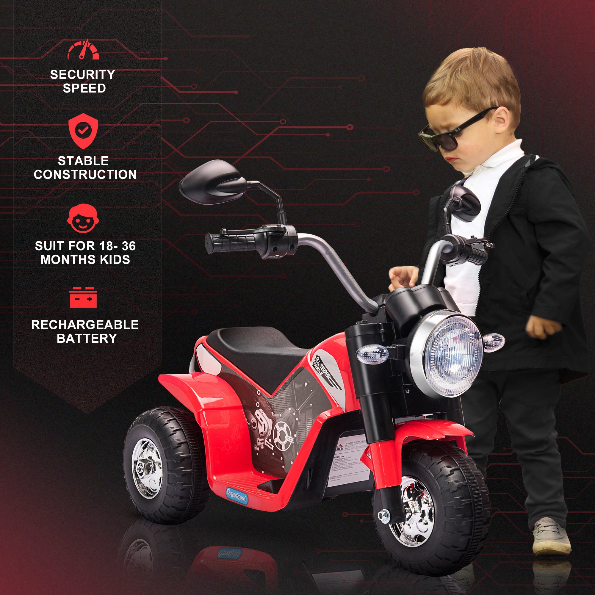HOMCOM Kids Electric Motorcycle Ride-On Toy 3-Wheels Battery Powered Motorbike Rechargeable 6V w/ Horn Headlights for 18 - 36 Months Red - anydaydirect
