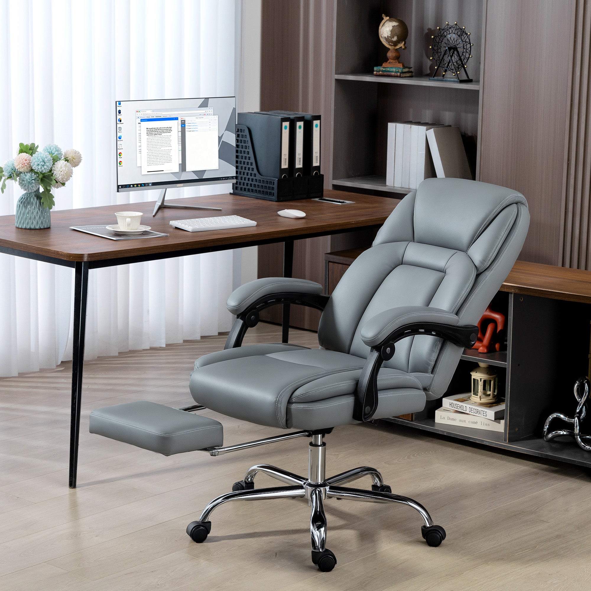 HOMCOM Faux Leather Reclining Office Chair Special  with Footrest - Grey - anydaydirect
