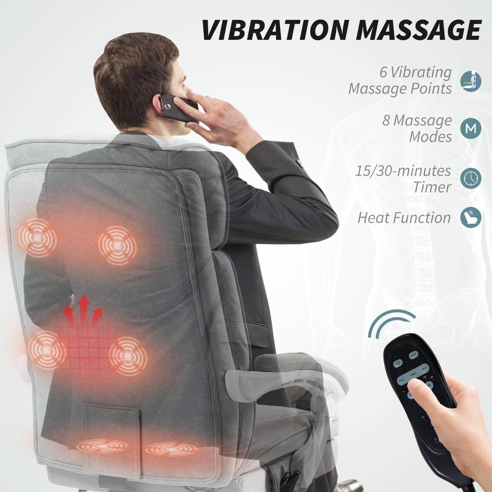 HOMCOM Executive Office Chair with 8-point Massage and Heat, Fabric Computer Desk Chair with Reclining Backrest, High Back, Height Adjustable, Swivel Wheels, Footrest, Remote, for Home, Grey - anydaydirect